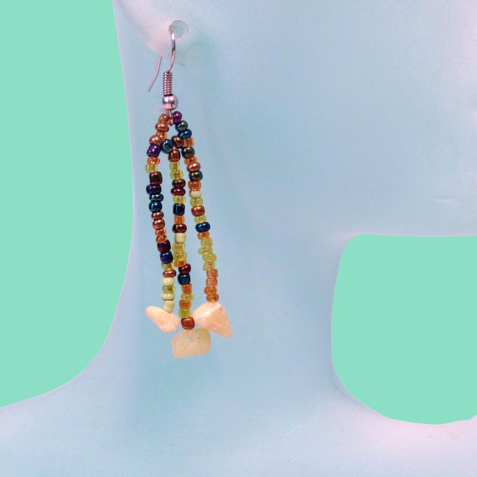 1 1/2″ Green Multicolor Stone Chips Handmade Dangle Seed Bead Earring