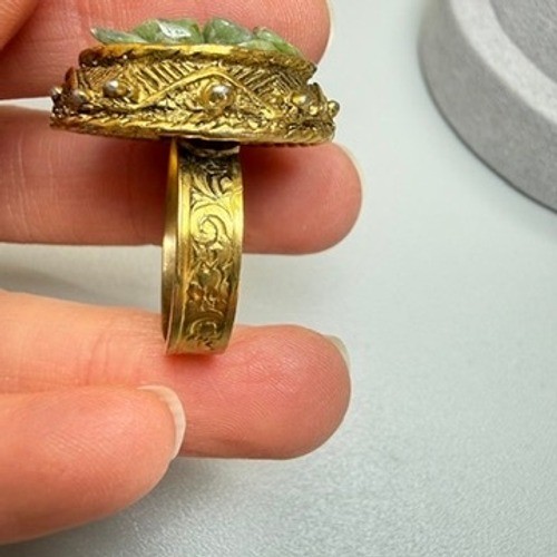 Vintage Gold Tone Green Stone Ring and Bracelet Set MCM Etruscan Revival Chic