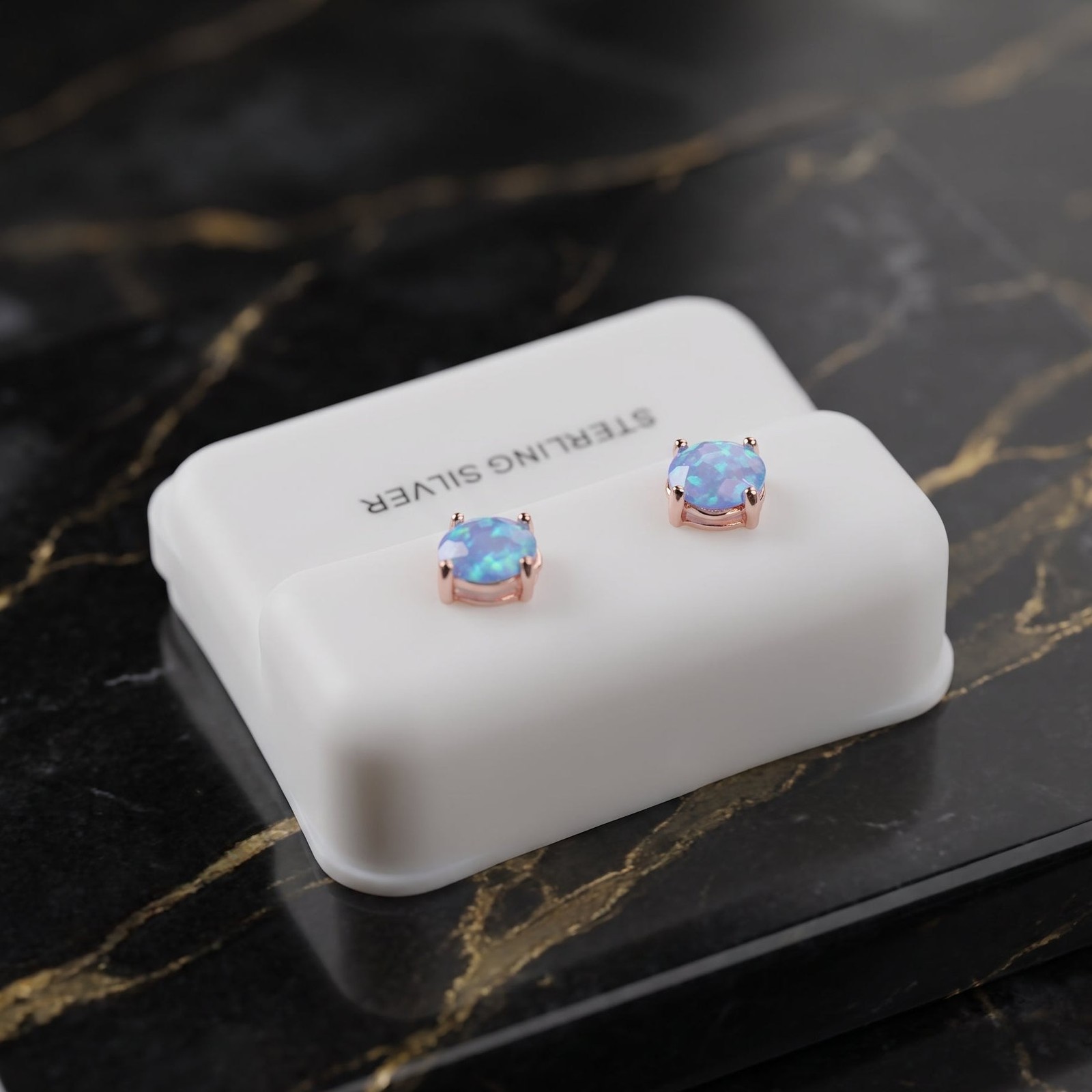 Blue Fire Opal Round Earrings Rose Gold Over 925 Sterling Silver Lab Created