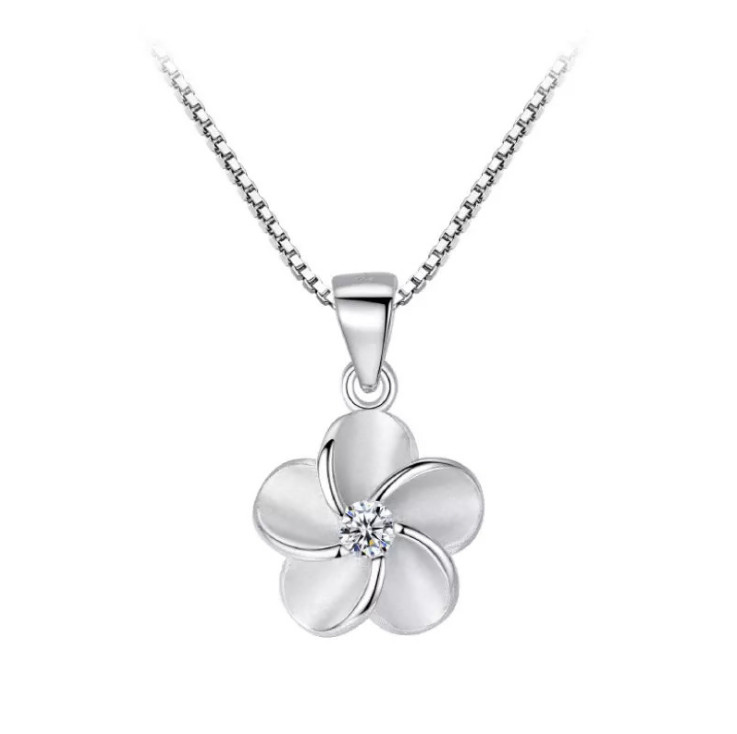 925 STERLING SILVER HAWAIIAN PLUMERIA FLOWER CZ PENDANT NECKLACE 18″ CHAIN B40