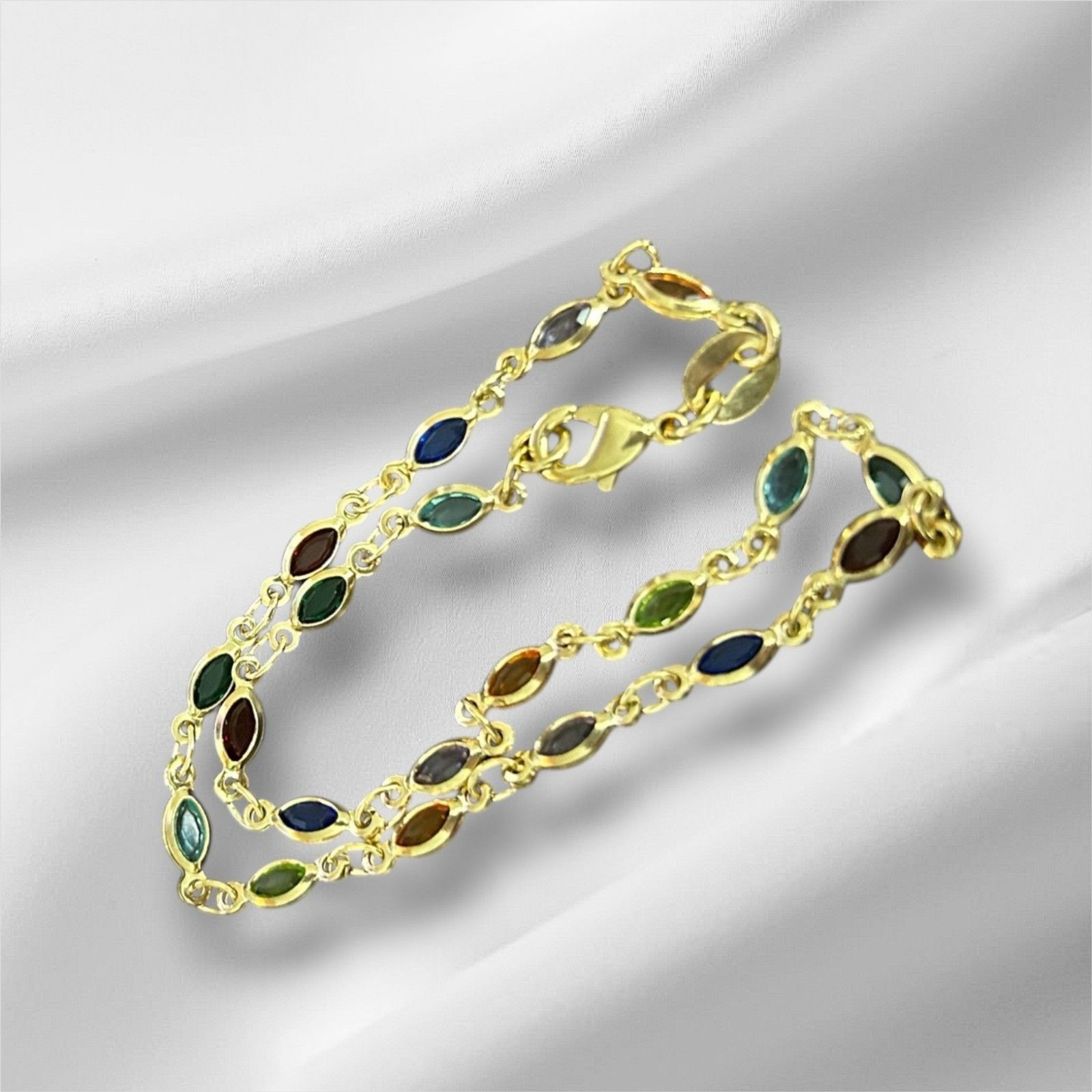 18K Gold Filled Anklet Bracelet 9.5 inch Multi Color Oval Crystal Stones