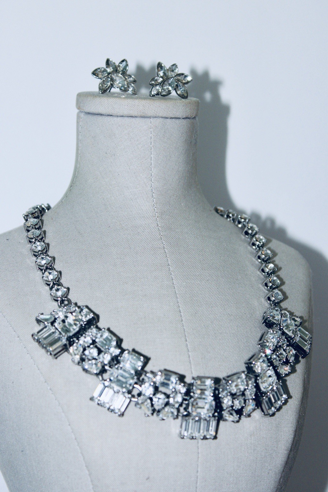 Ann Taylor Silver Plated Baguette Rhinestone Necklace & Flower Earrings Set