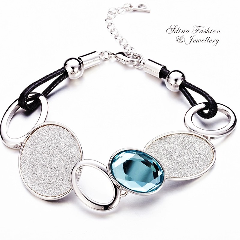 18K White Gold GF Glass Crystal Leather Stylish Shiny Ocean Blue Oval Bracelet