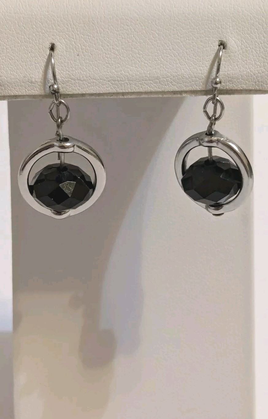 Silver Tone Hook Dangle Open Circle With Black Faceted Acrylic Bead Earrings. 1″