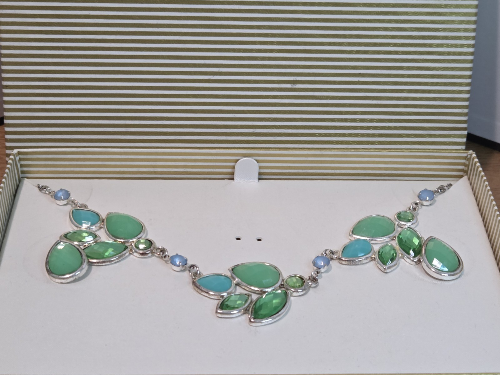 Green Blue Statement Necklace And Earings Set Silverstone Tear Drop Crystals