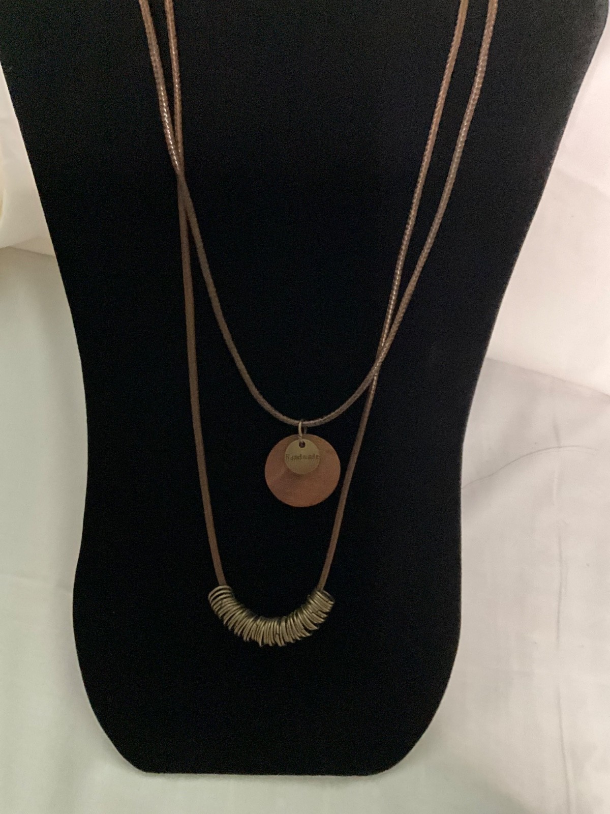 Boho Layered Cord Necklace – Bronze Rings & Disc Pendant, 17″