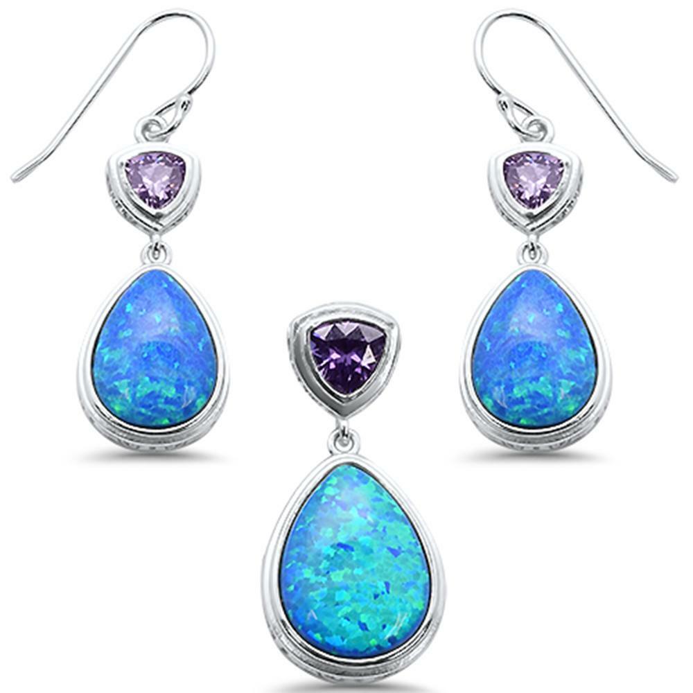 Pear Shape Blue Opal & Amethyst .925 Sterling Silver Pendant & Earring Set