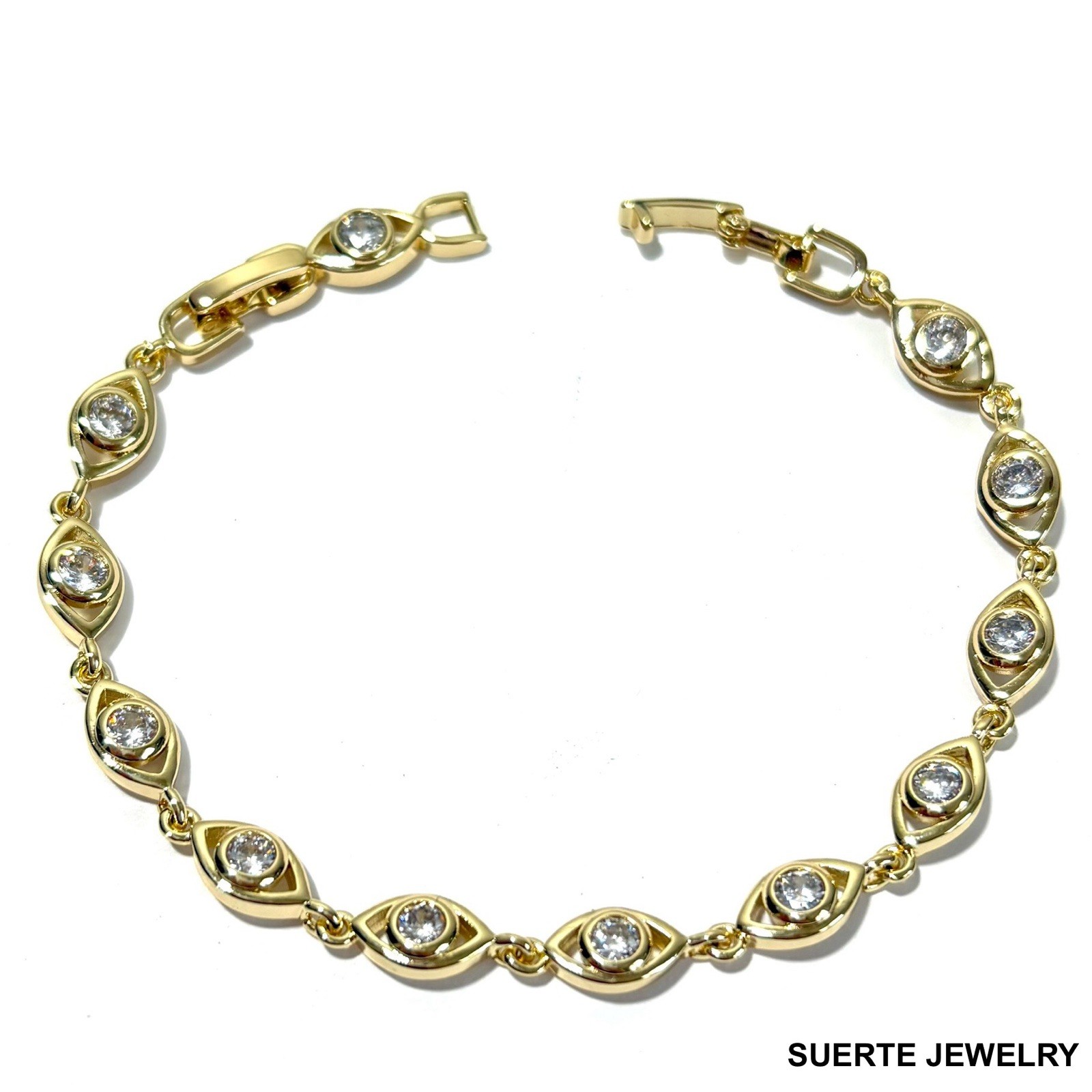 14K Gold Plated Evil Eye Amulet Bracelet Oro Laminado Mal De Ojo Pulsera 7.5”