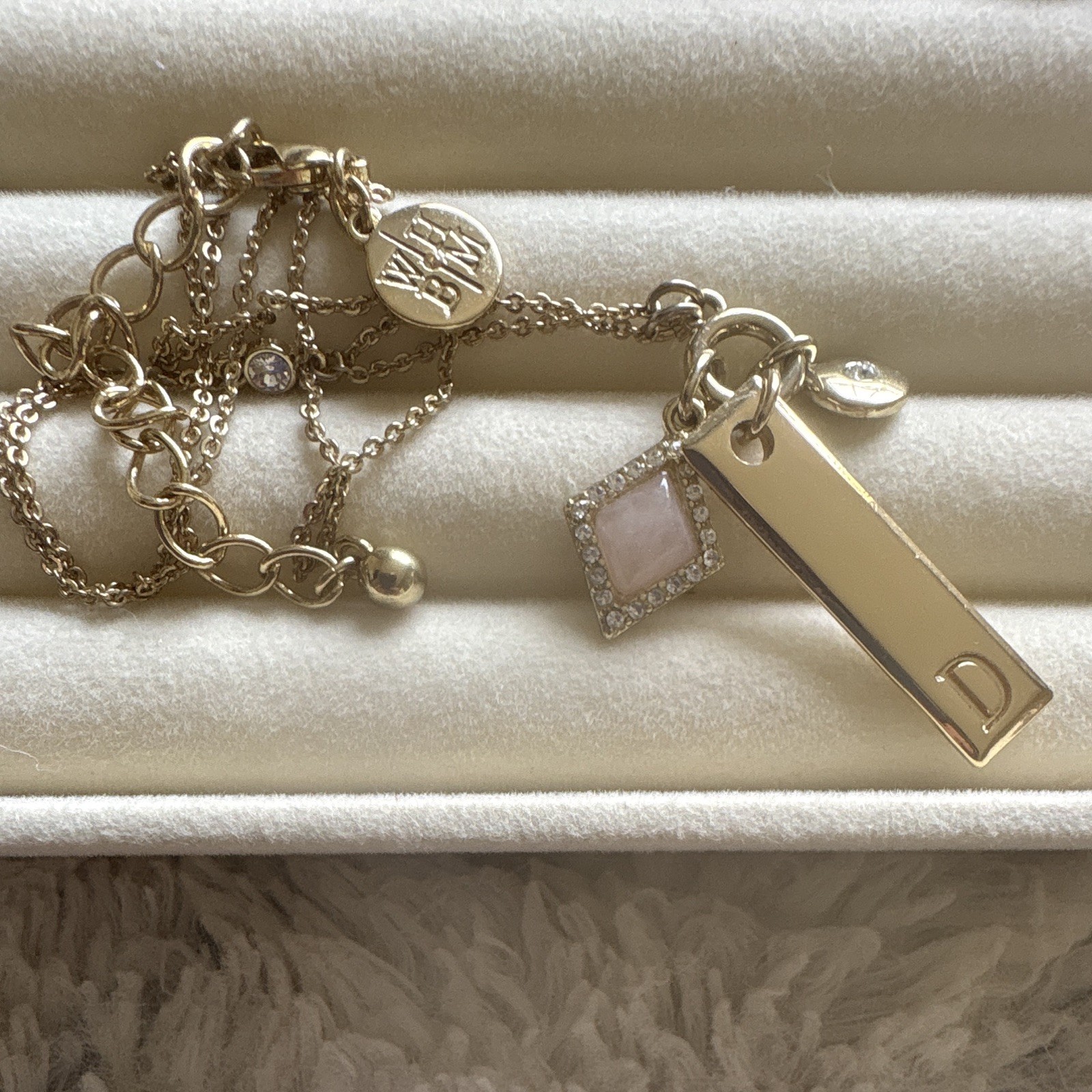 WHBM Silver Tone Bar Pendant Necklace, Pavé Crystal Charm, Cable Chain 20 inch