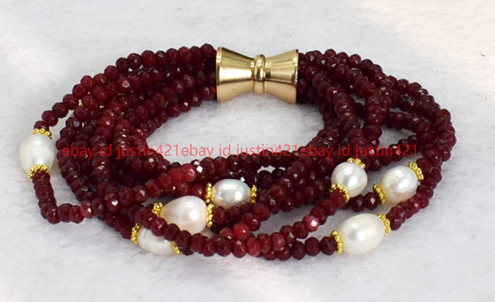 8 Rows 2x4mm Faceted Red Jade & Natural White 7-8mm Rice Pearl Bracelet 7.5″