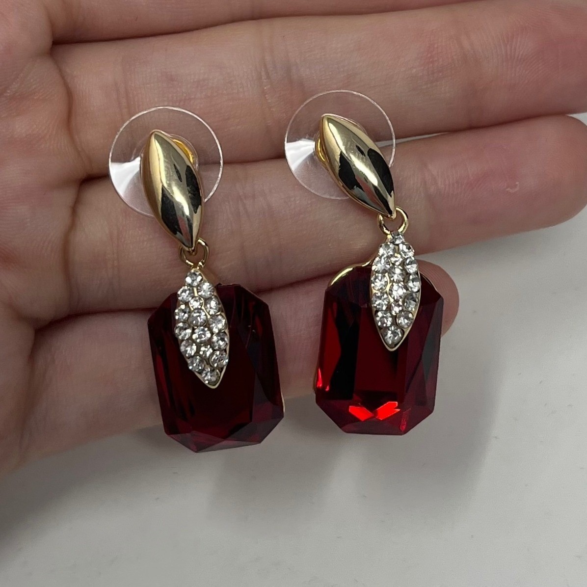 Navachi Red Crystal Emerald Cut Gold Tone Drop Earrings Rhinestone Accents