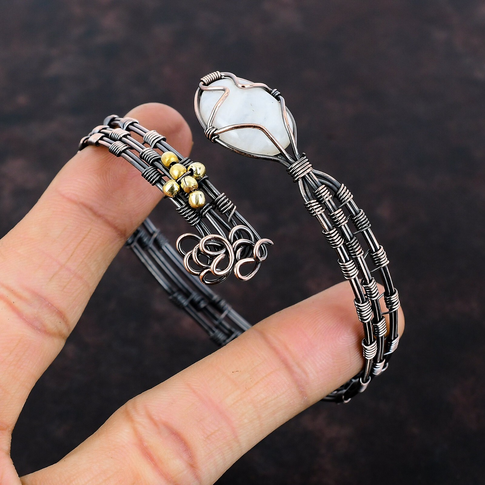 Natural Rainbow Moonstone Gemstone Cuff Wire Wrapped Adjustable Unknown Copper