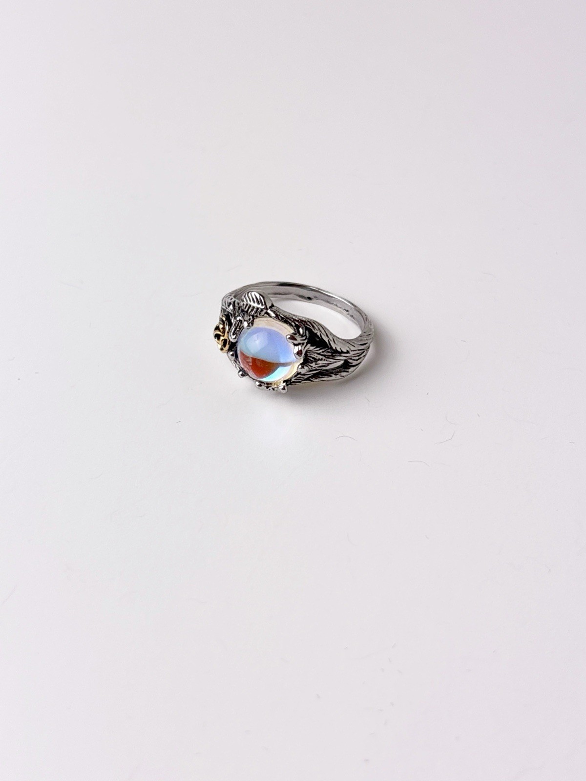 Sterling Silver Flower and Leaf Motif Moonstone Ring in Iridescent Blue Size 7