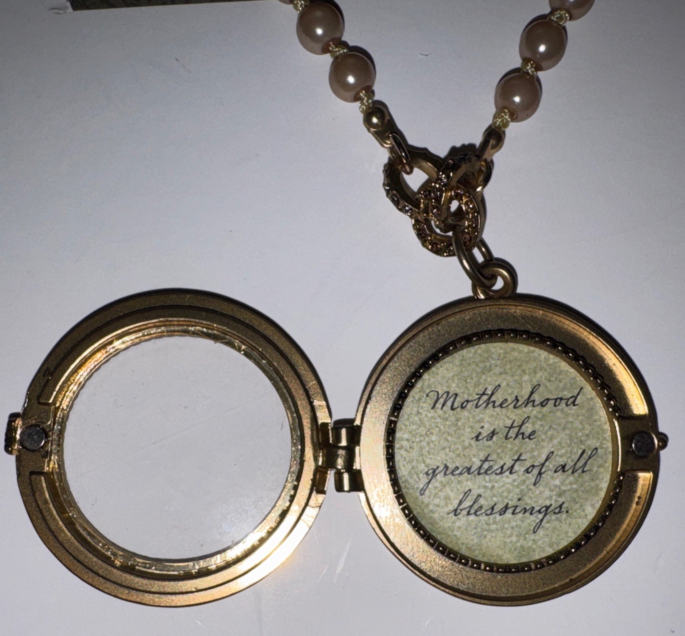 Demdaco Blessing Keeper Motherhood Round Locket Necklace Antique Gold Tone Disc.
