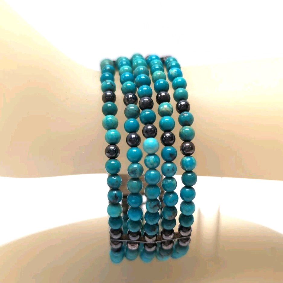 Sterling Silver .925 Turquoise Beaded Multi-Strand Magnetic Cuff Bracelet 30g
