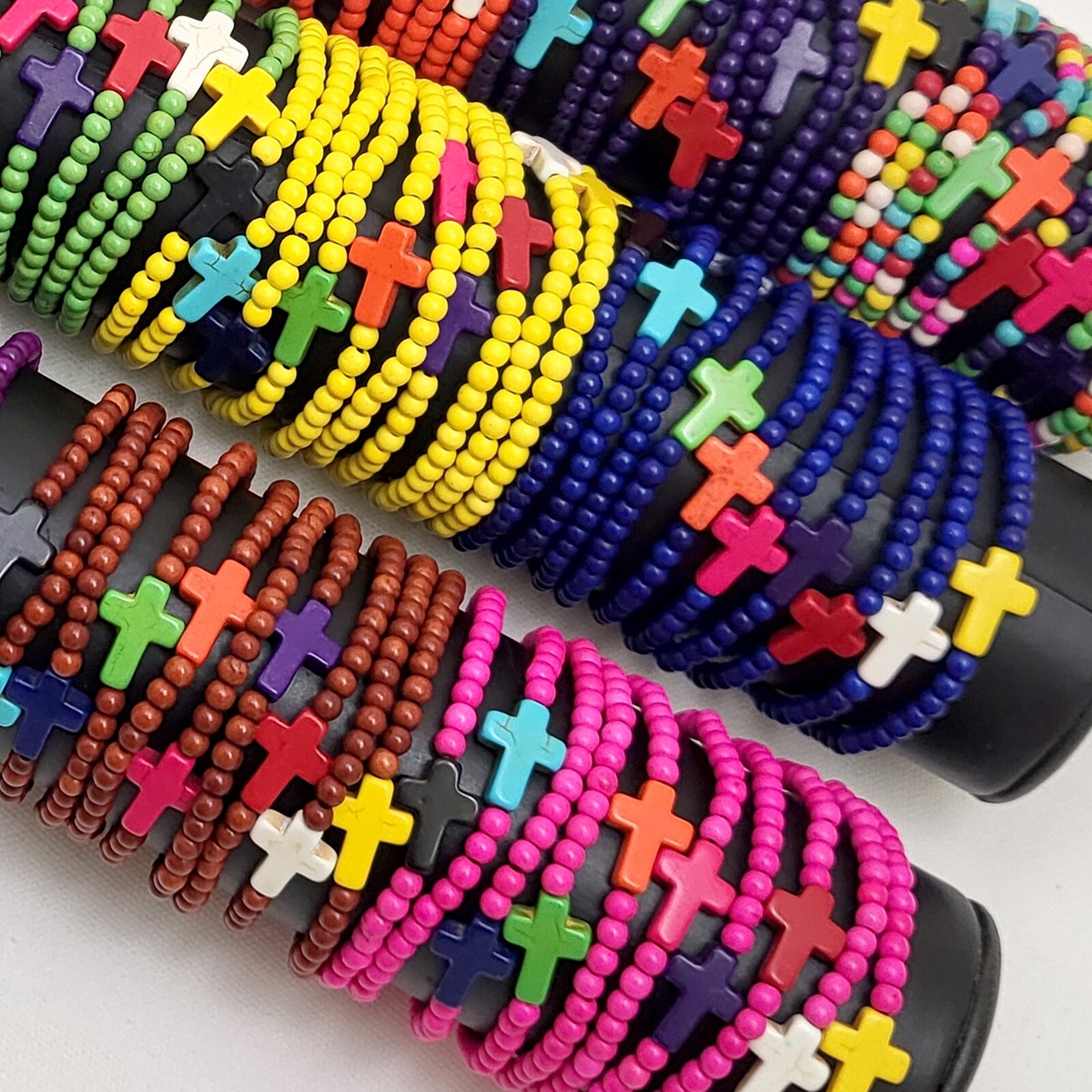 Cross Bracelet Handmade Beaded Howlite Turquoise Bead 7.5″ 6mm Halloween Gift