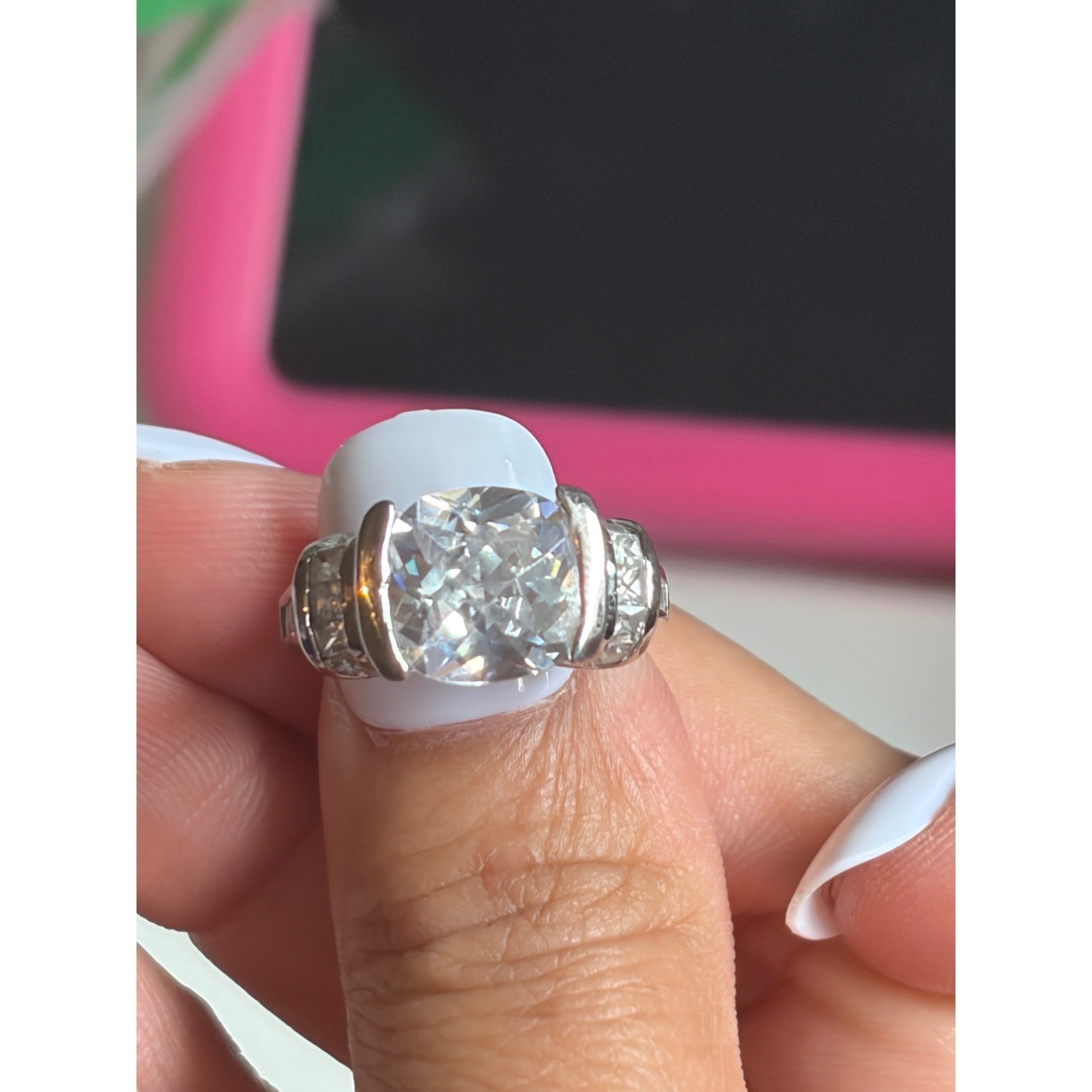 Sterling Silver 925 Cushion Cut Cubic Zirconia Tension Bar Set Statement SZ 6