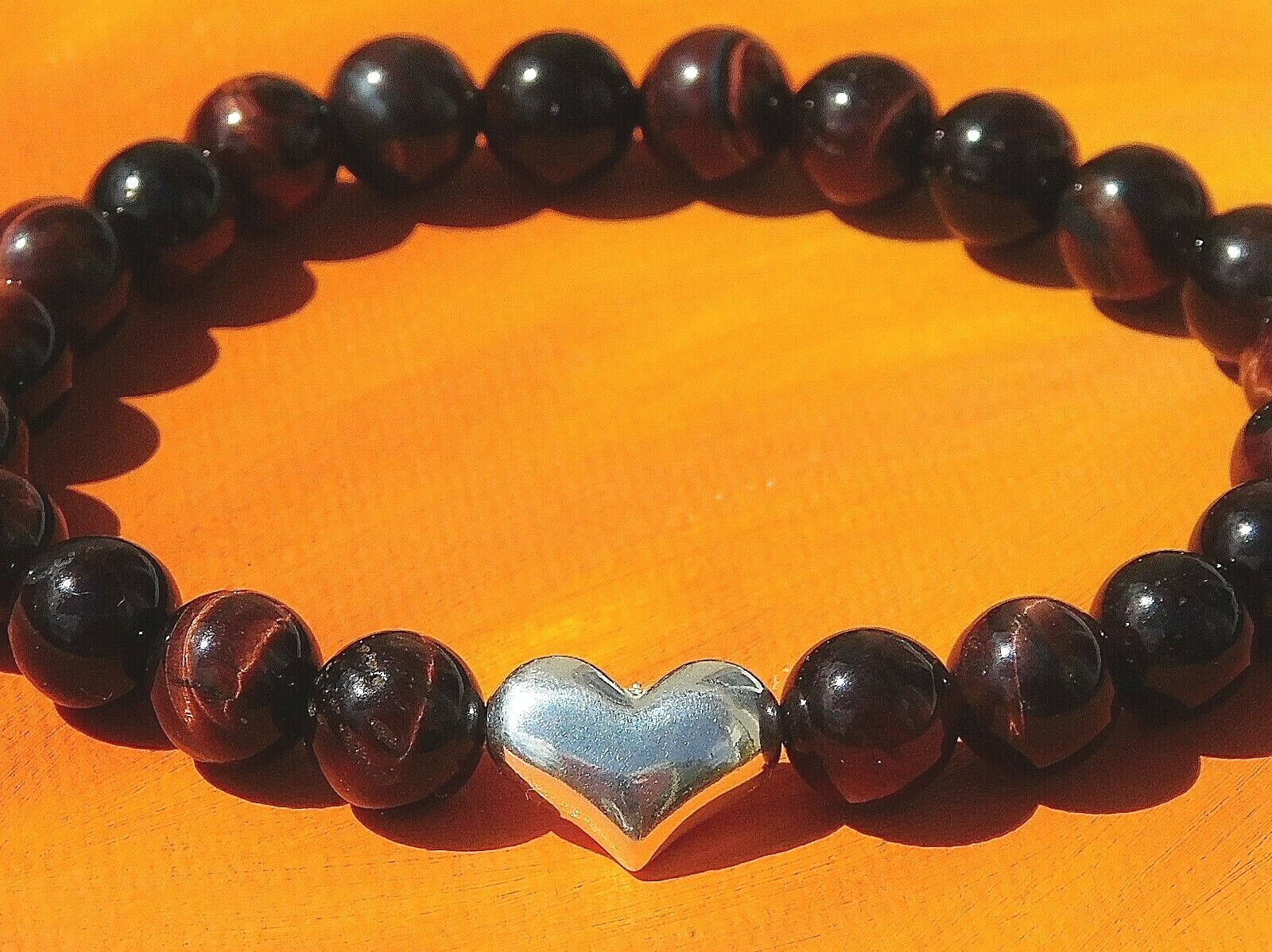 Mens / Ladies Handmade 8mm Gemstone & Silver Heart Bracelet – Red Tiger’s Eye.