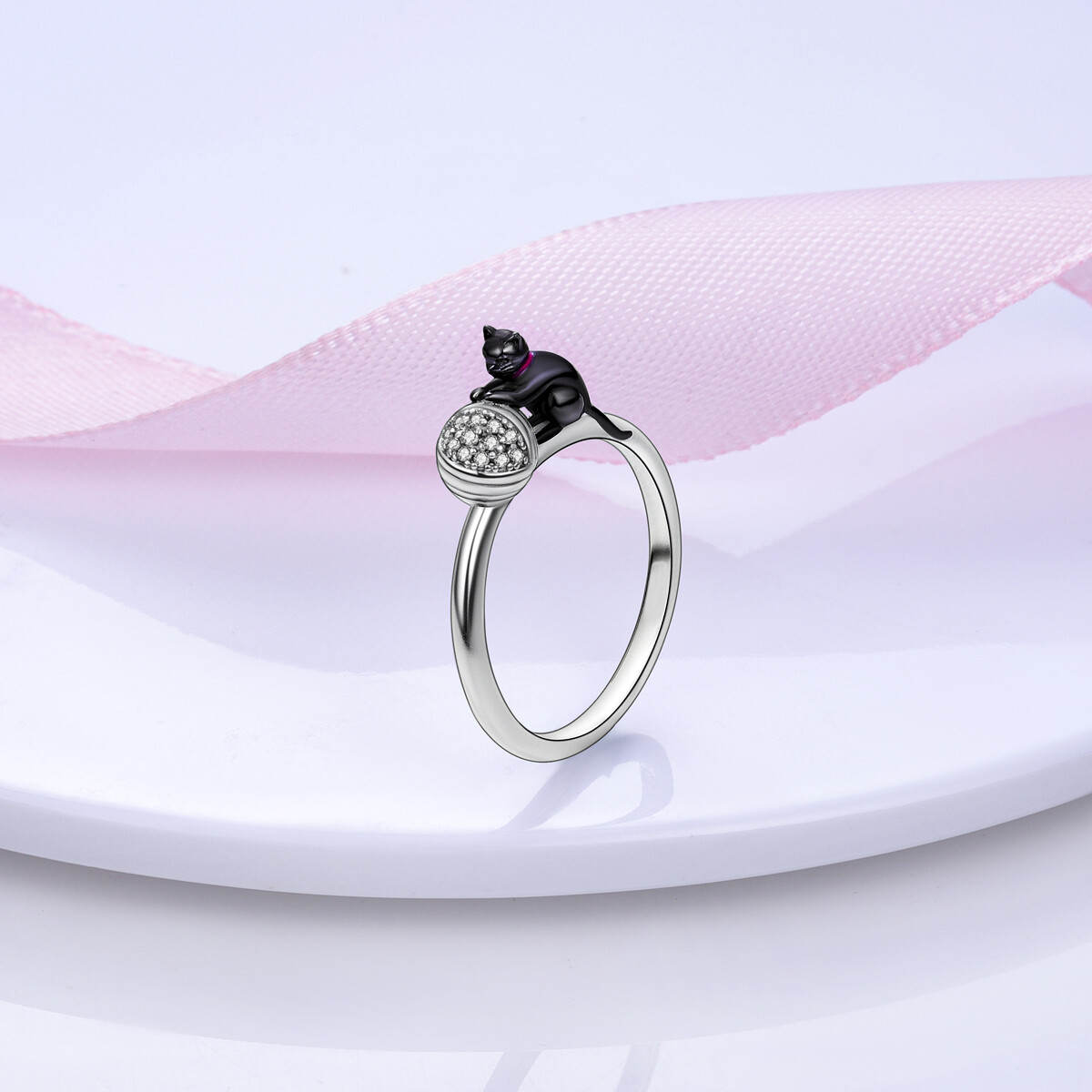 MULA Original Black Cat Yarn Finger Ring CZ For Women Jewelry 925 SterlingSilver