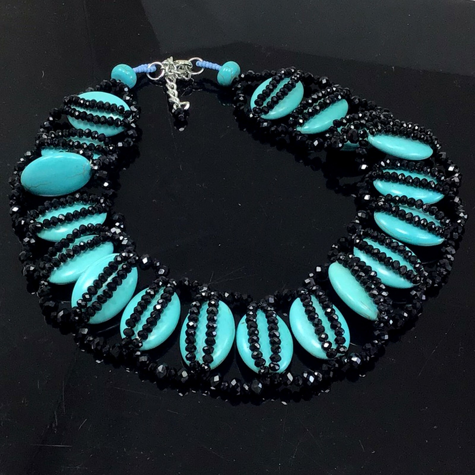 Magnesite Turquoise & Black Crystal Beads Necklace w/Silver Tone Clasp 18-20.5″