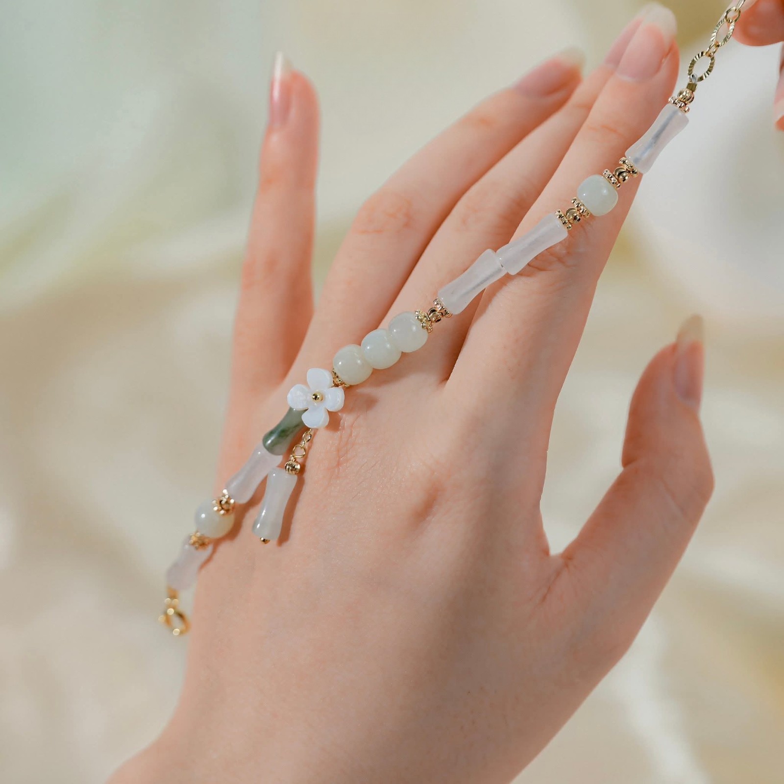 Genuine Hetian Jade Bracelet Bamboo Style Mother of Pearl Flower Gold Plated