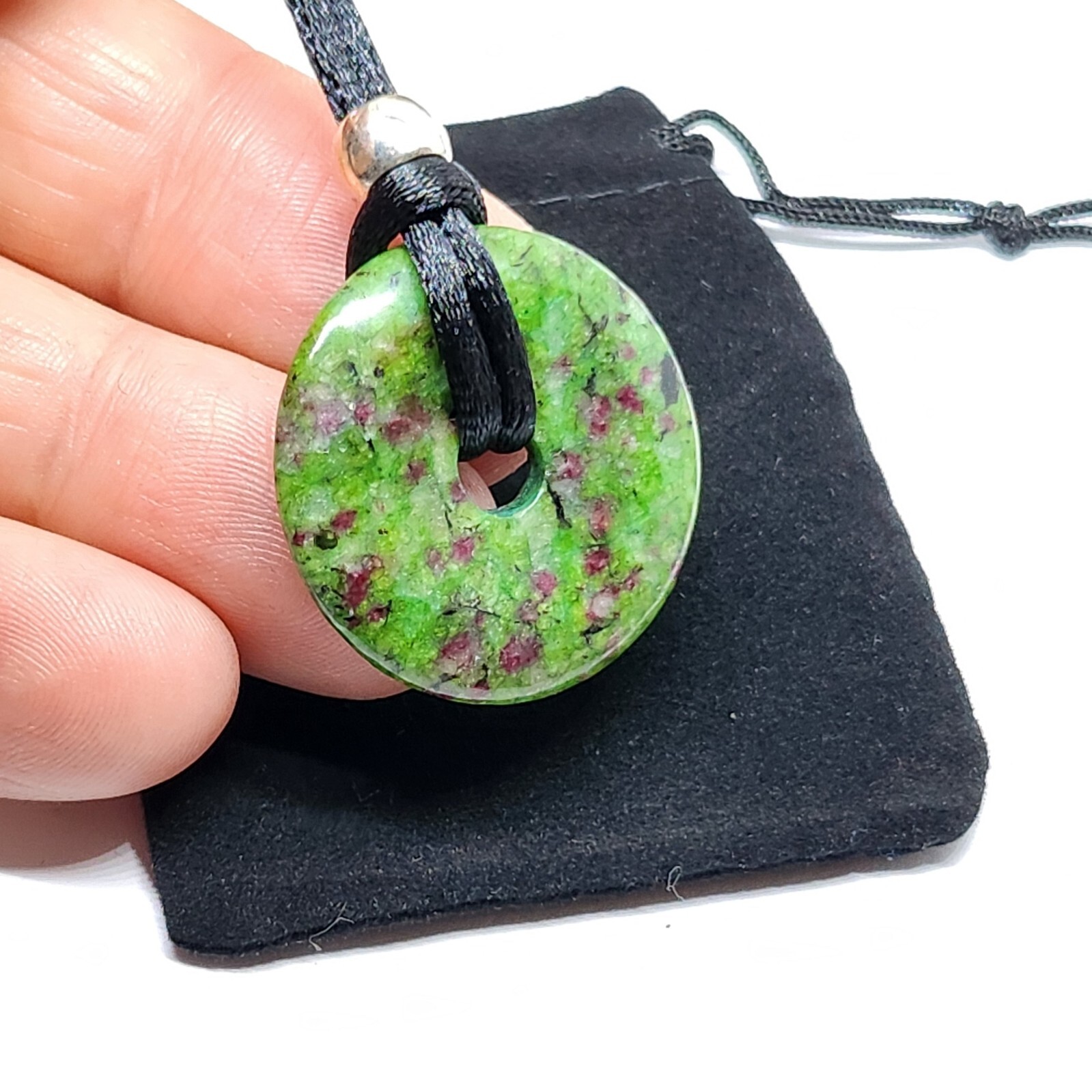 Anyolite Ruby Zoisite Donut Pendant 30mm Beaded Cord New Bohemia Necklace & Bag