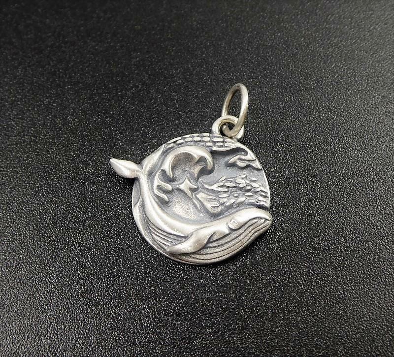 Handmade Sterling Silver Whale in Ocean Wave Small Round Charm Pendant Unique