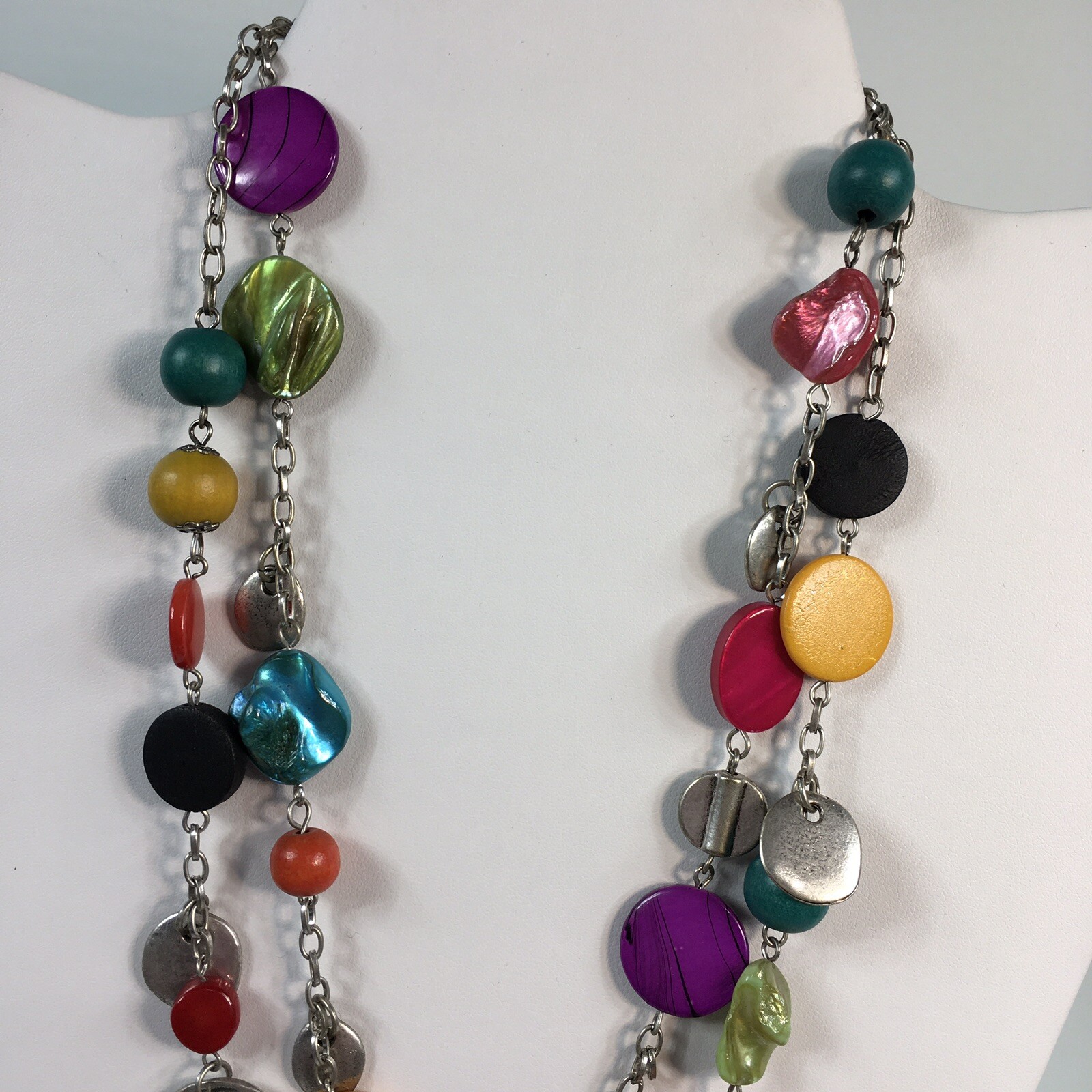 Double Strand Necklace Mixed Materials Shell Wood Multi Color