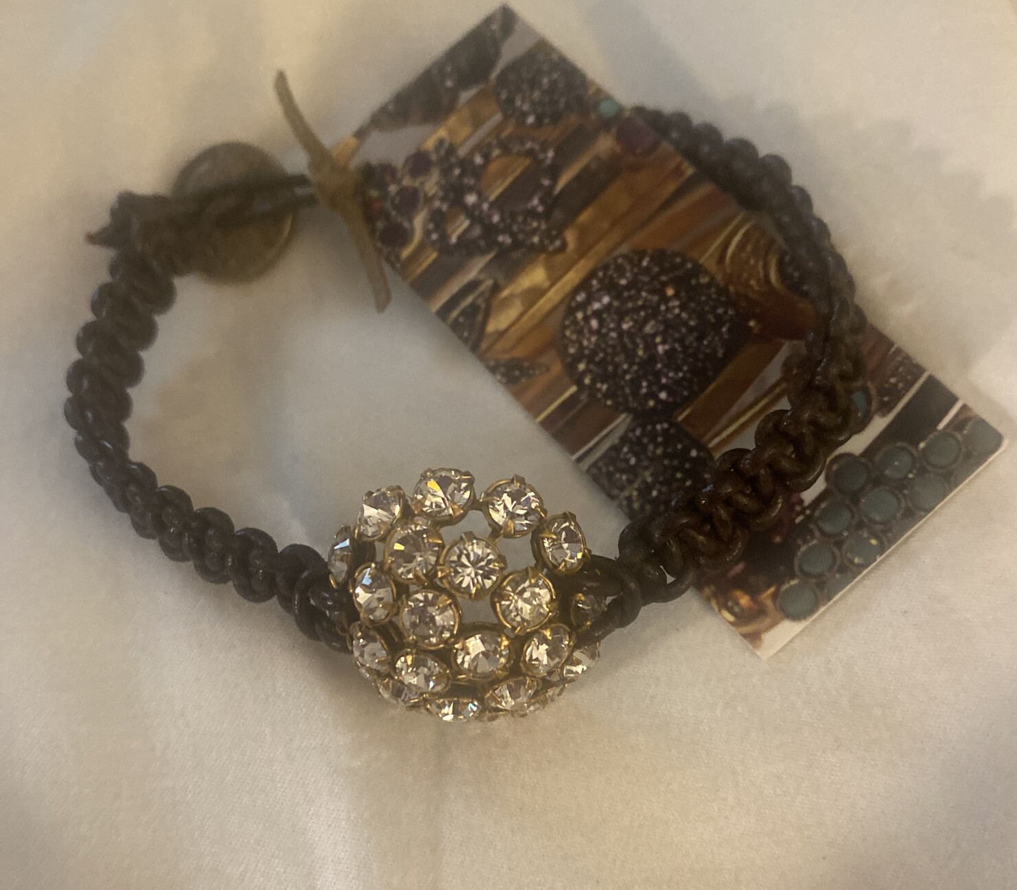 Linda Levinson Designs Leather Bracelet W/ Rhinestone Charm NWT