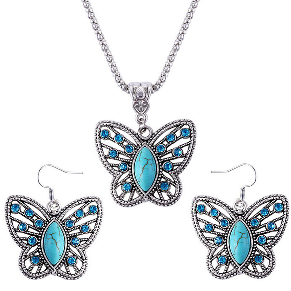 Swarovski Elements Original G4L Butterfly Turquoise Stone Women’s Silver Set