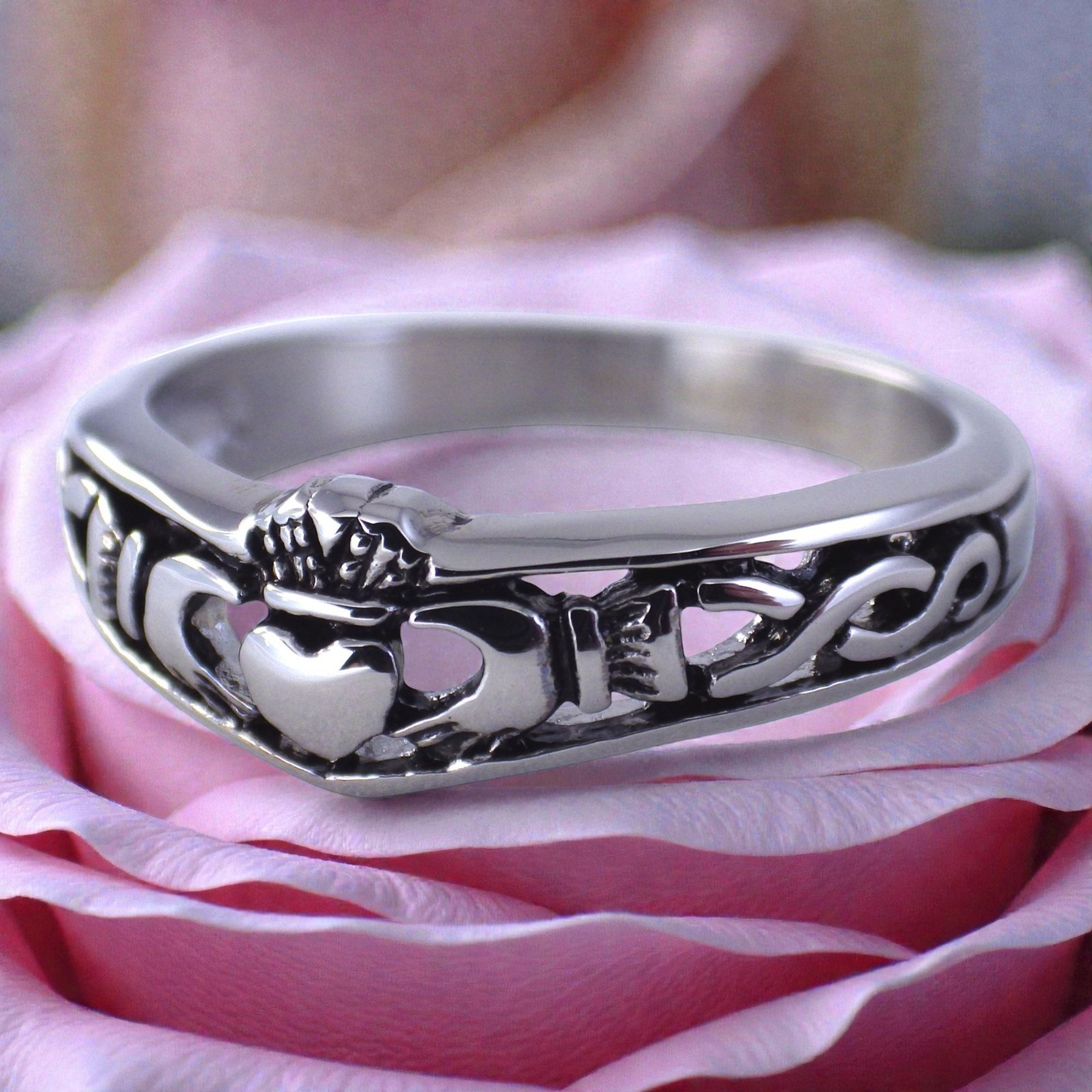 Irish Claddagh Ring Womens Silver 316L Stainless Steel Celtic Knot Wedding Band