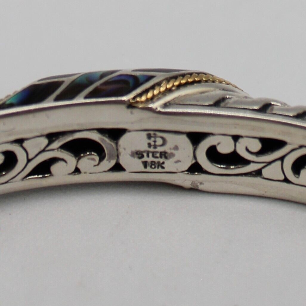Bali Made 925 & 18K Gold Hinged Bangle Abalone & Dragon Bone Motif Signed