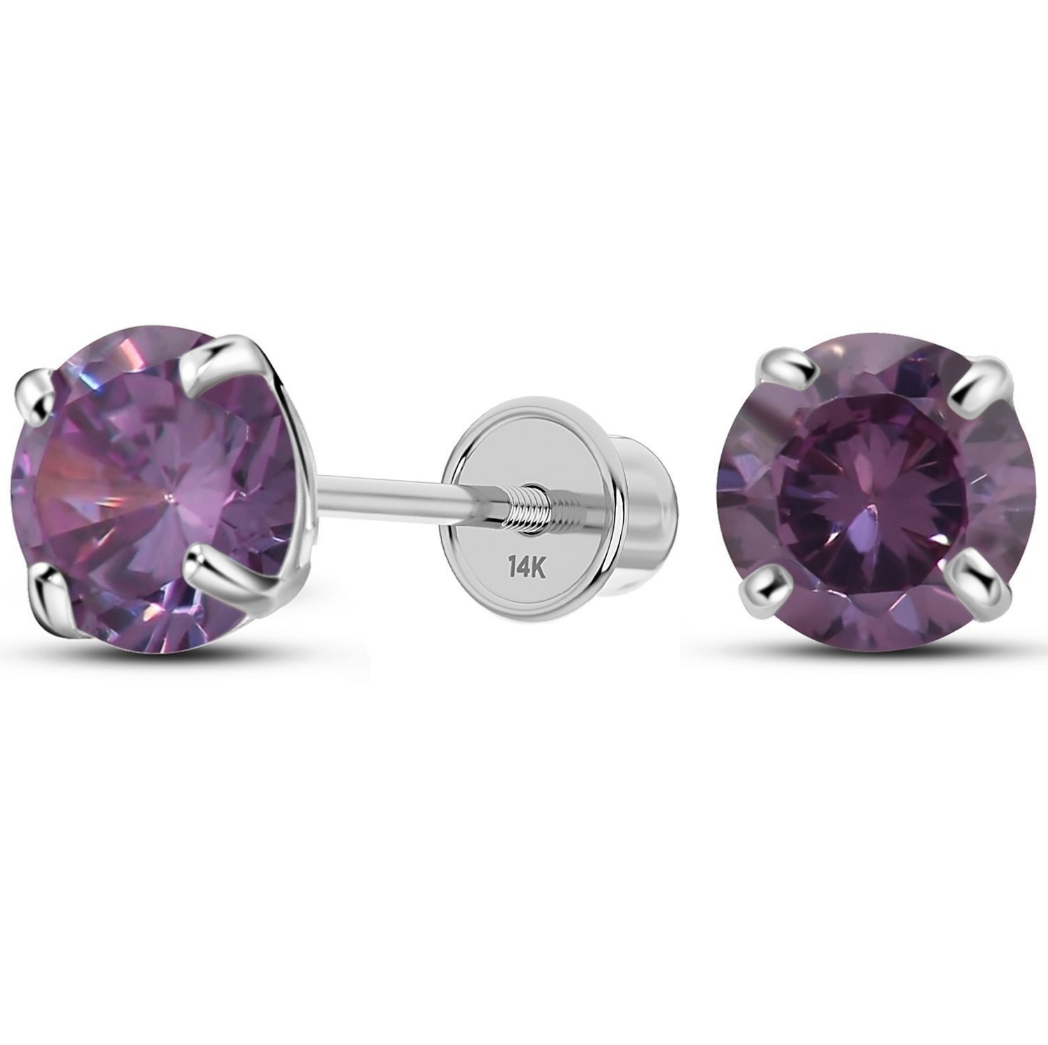 14K White Gold Solitaire February Simulated Amethyst CZ Stud Earring, Screw Back