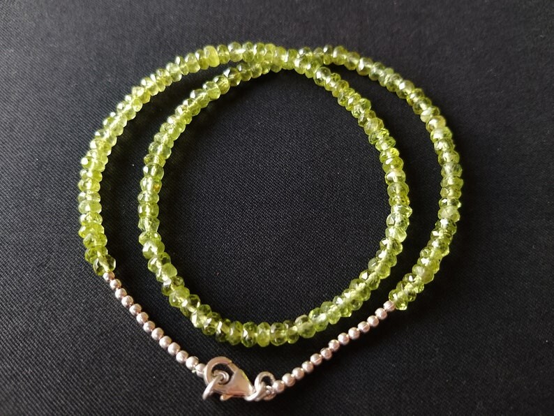 A++ Natural Peridot Faceted Rondelle Gemstone Silver Filled Beads Necklaces 24”