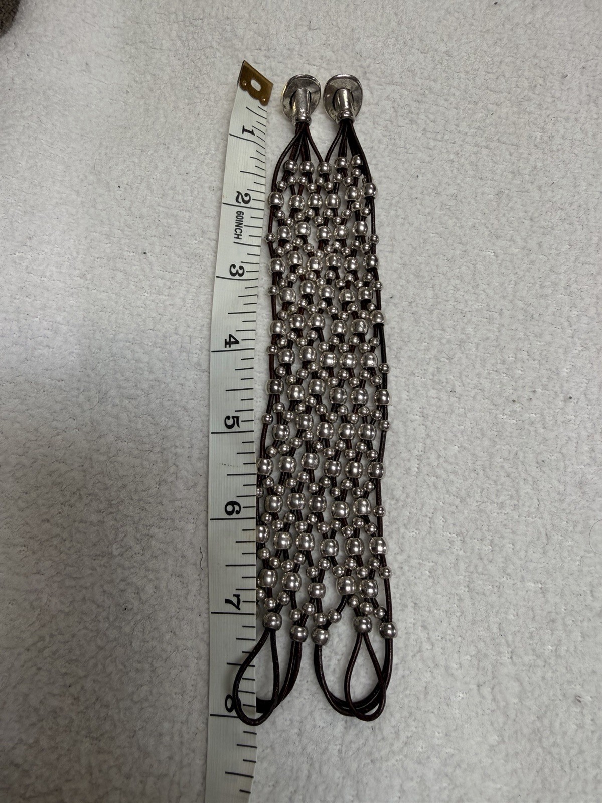 Boho Artisan Multi Strand Silver Plated Beaded Leather Cuff Bracelet Large 7.5″