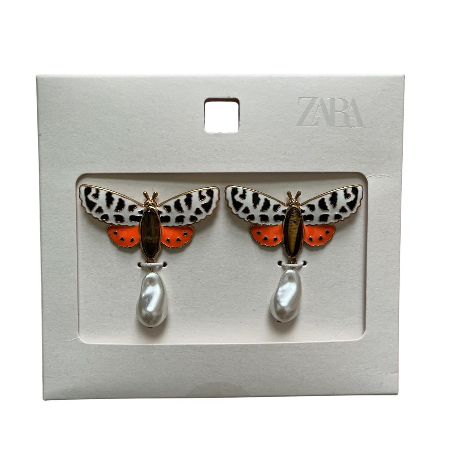 Zara Butterfly Pearl Drop Earrings Recycled Zinc Statement Jewelry Insect NWT