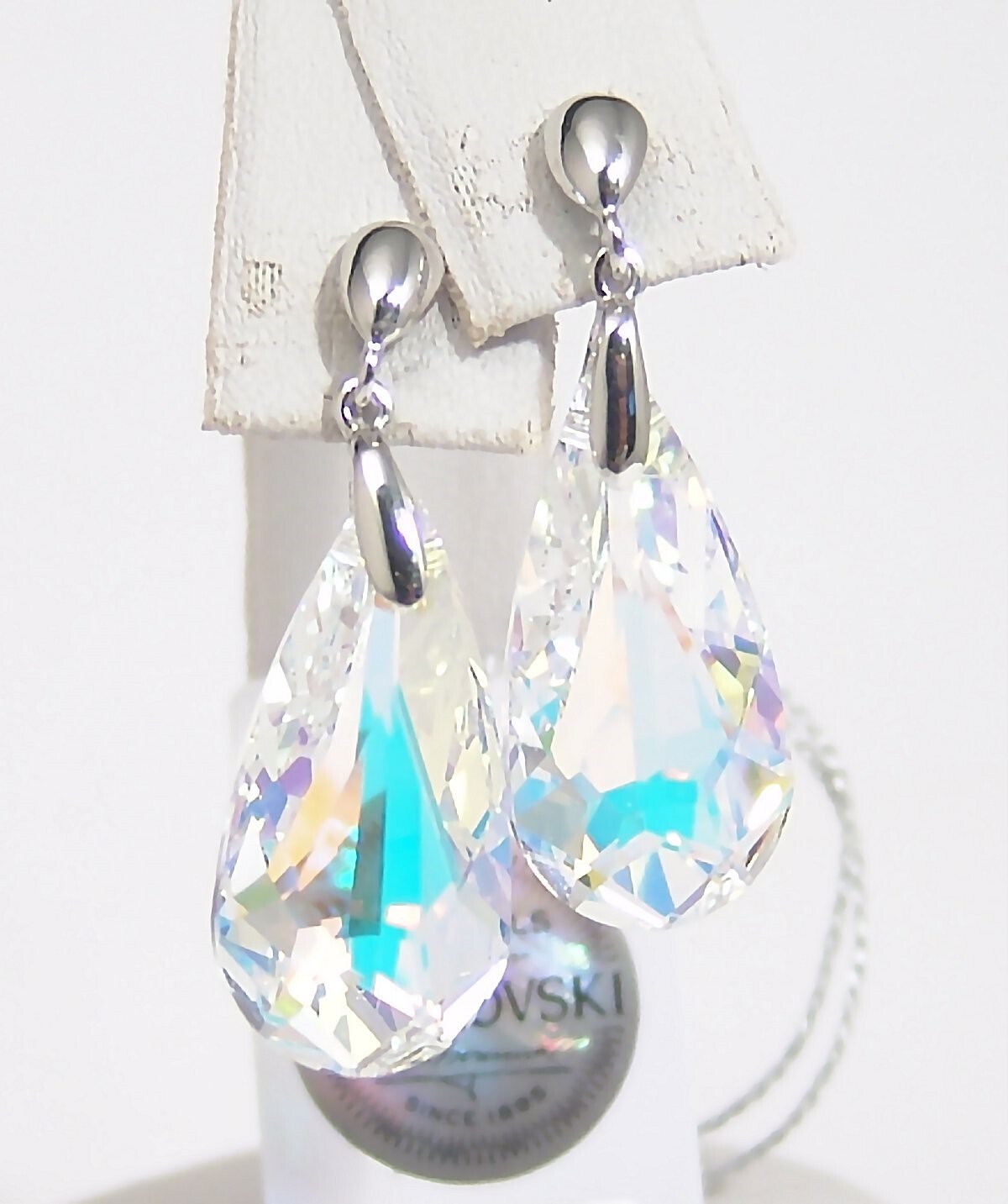 Aurore Boreale Sterling Silver Earrings Verifiable Austrian Crystals 1-3/8 inch