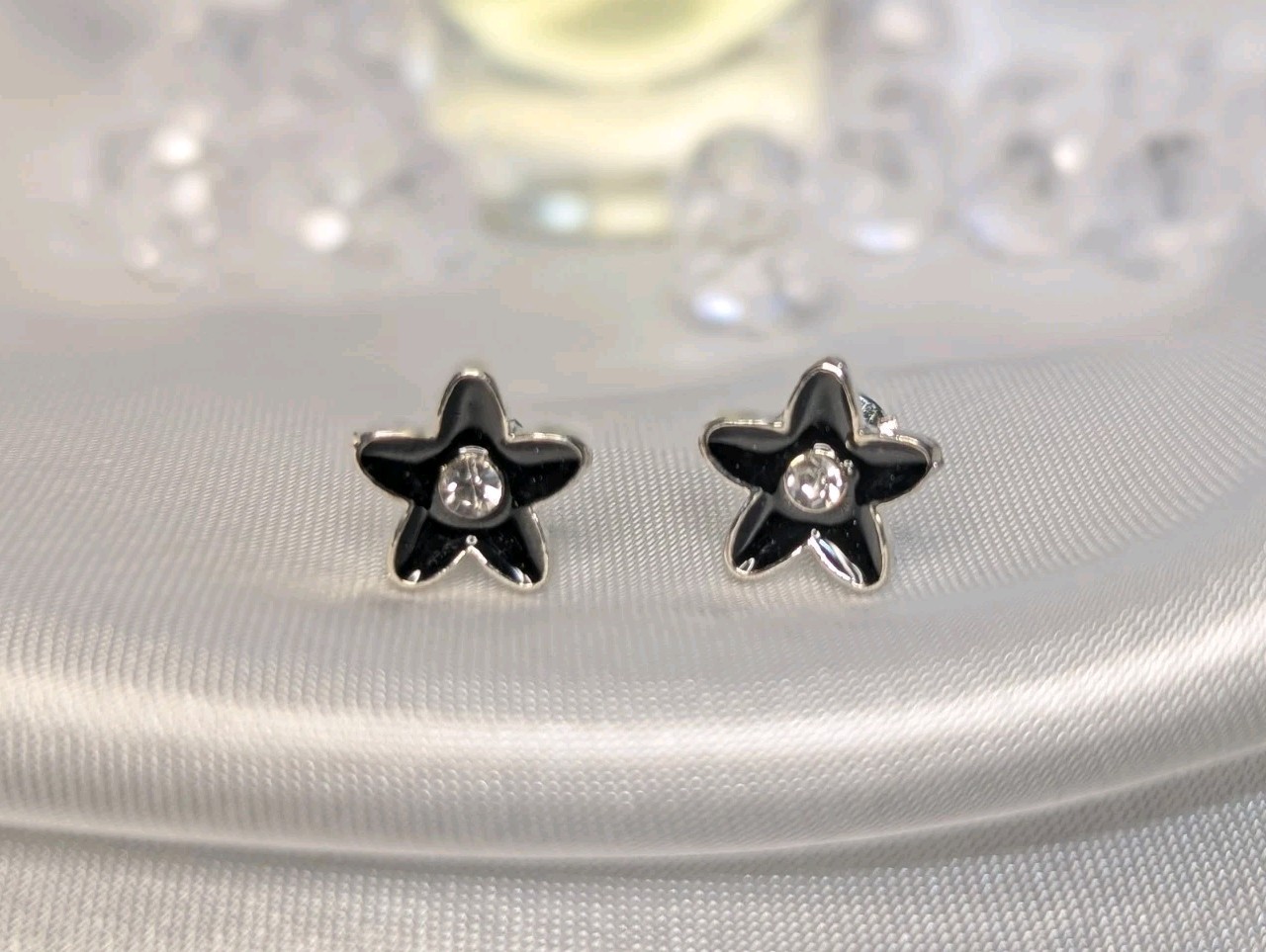 NEW Earrings Black Flower With Clear Rhinestone Sterling Silver Studs Earrings