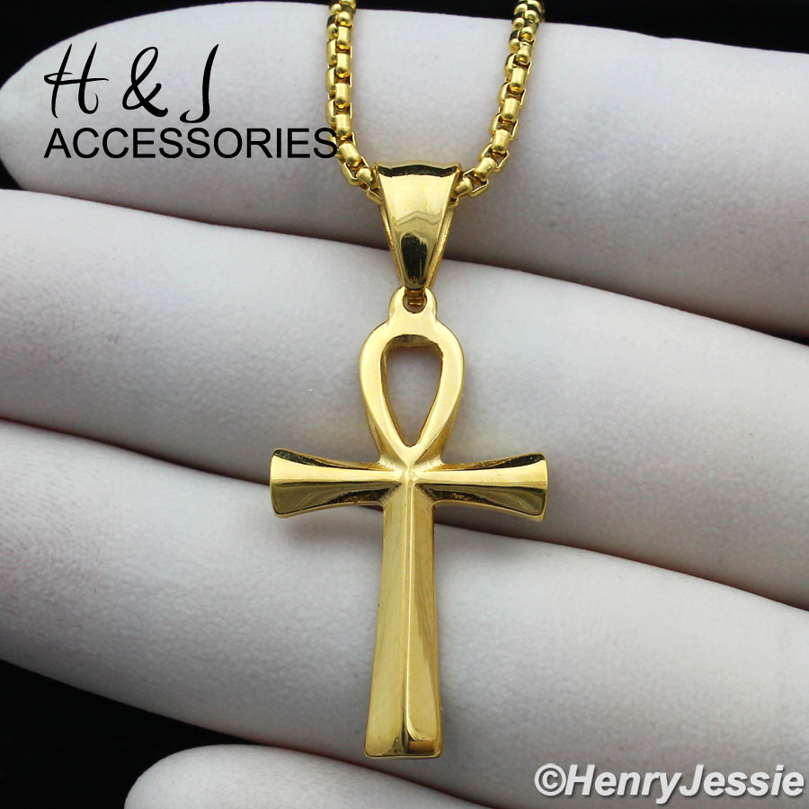 16″-30″MEN Stainless Steel 2mm Gold Plated Box Chain Ankh Cross Pendant*AGP112