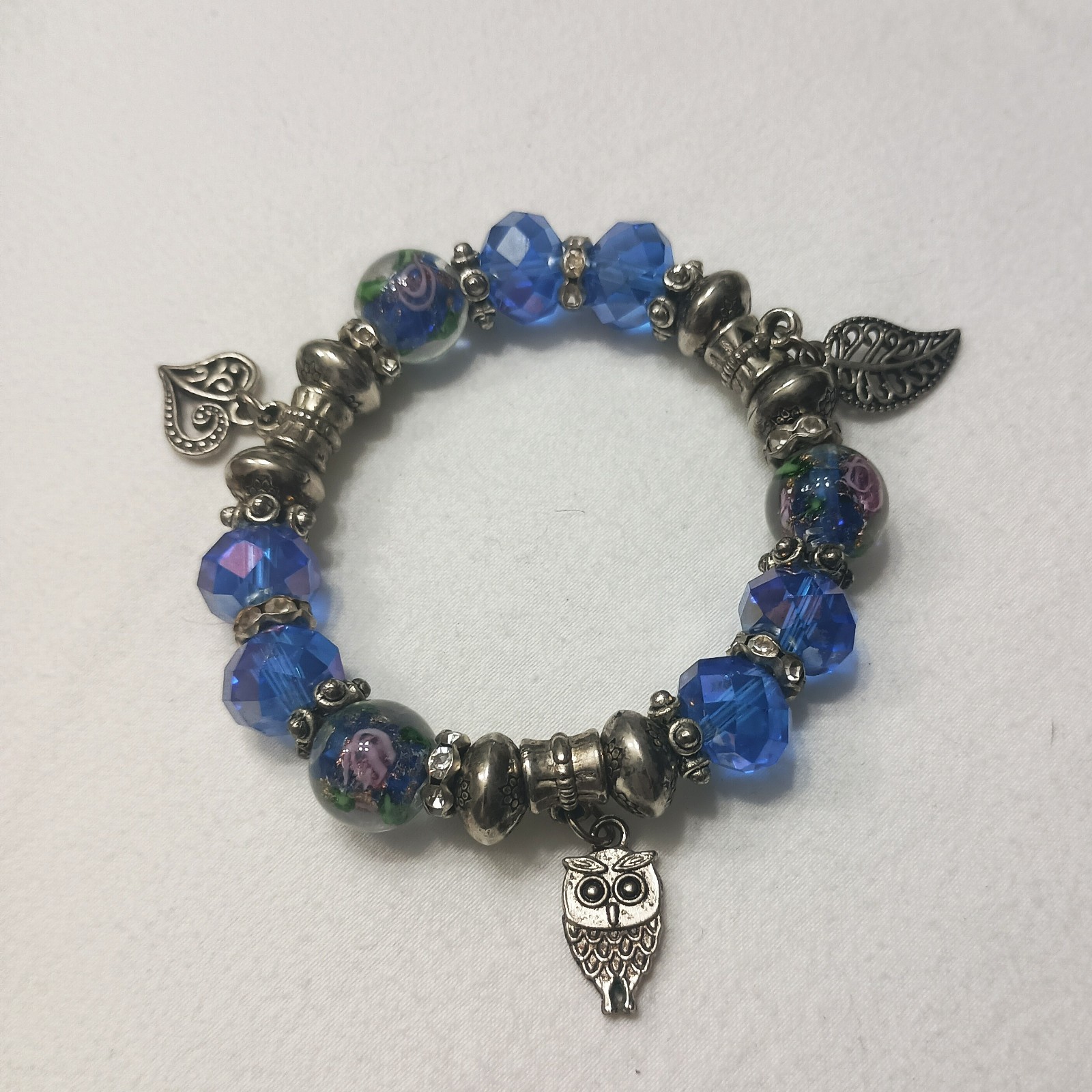 4 Pc Handmade Stretch Beaded Bracelet Set Colorful Glass Silver Tone Charm Boho