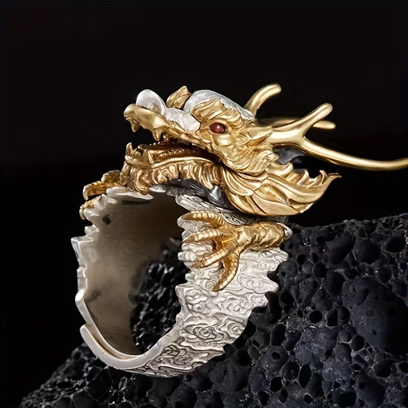 Vintage Style Chinese Style Dragon Adjustable Ring Men Open Finger Ring