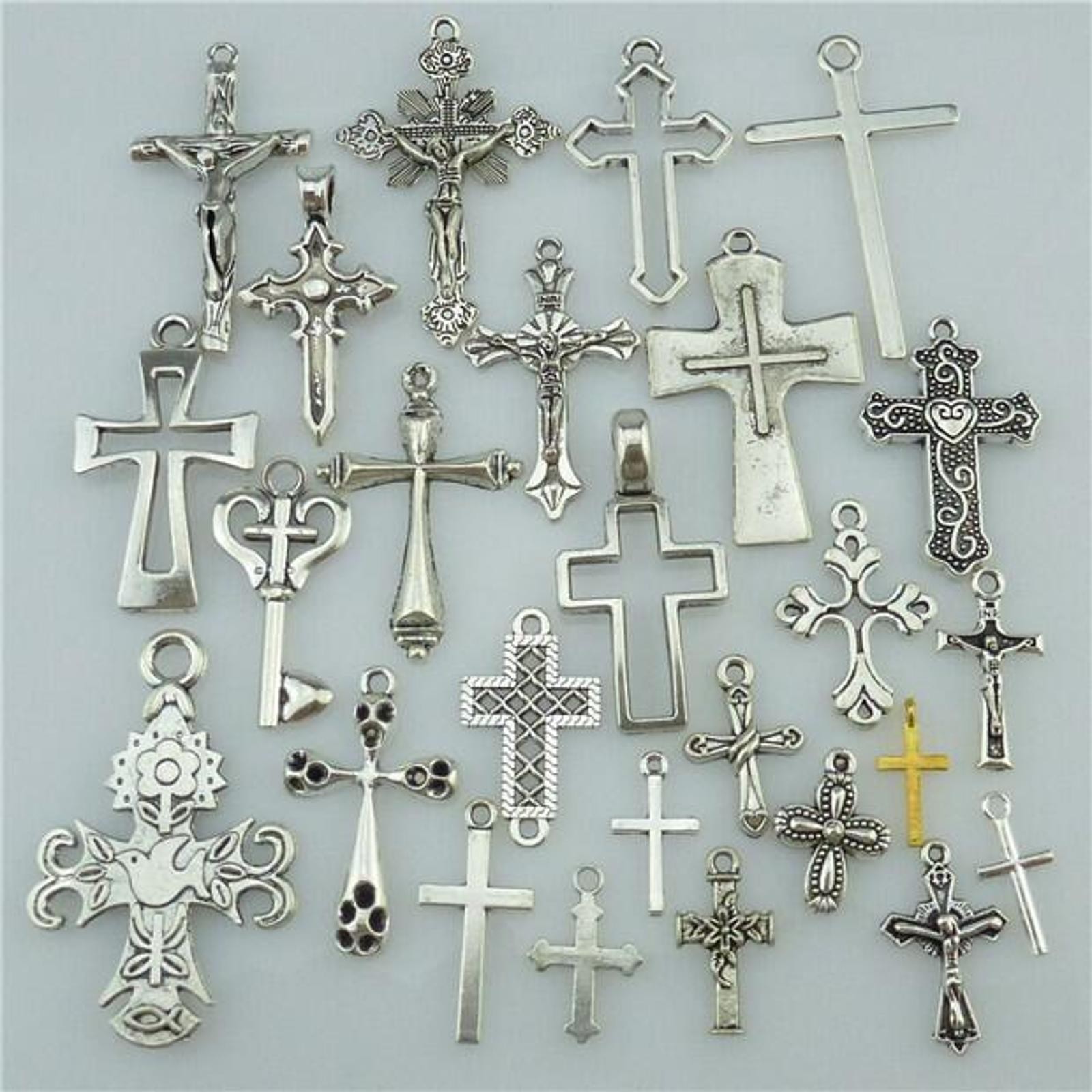 25Pack MIX Cross Pendant Vintage Antique Silver Tone Alloy Faith Religious Charm