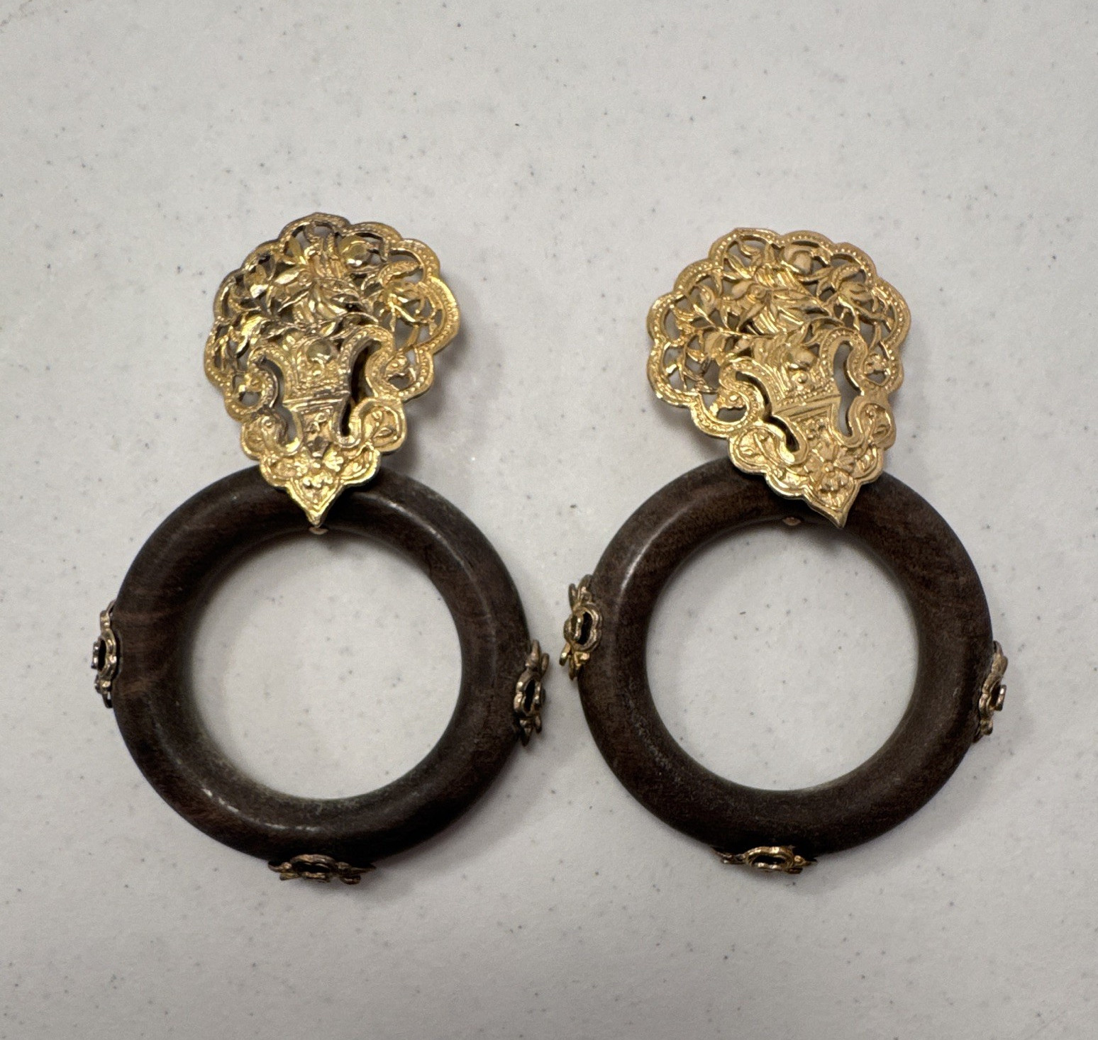 Clip-On Dangle/Drop Earrings Gold Tone Metal with Brown Round Wood Ring 103826