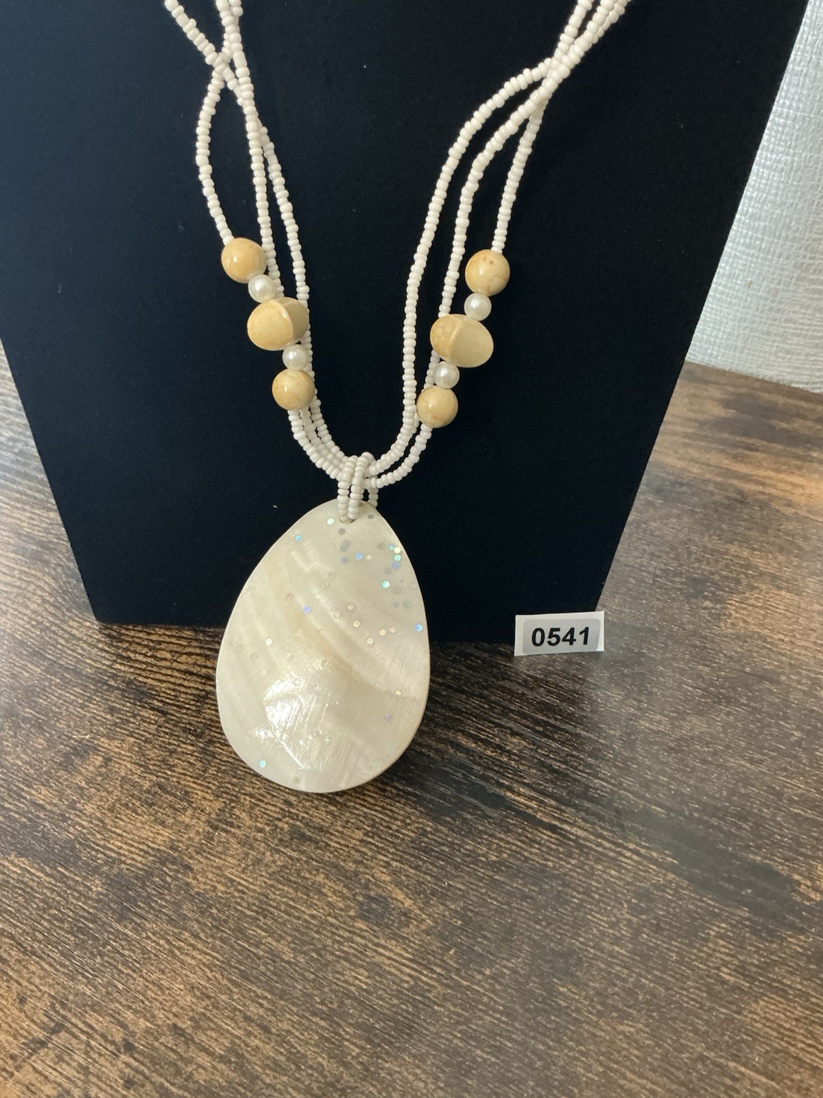 White Shell Beaded Multi-Strand Statement Necklace Teardrop Pendant Adjustable