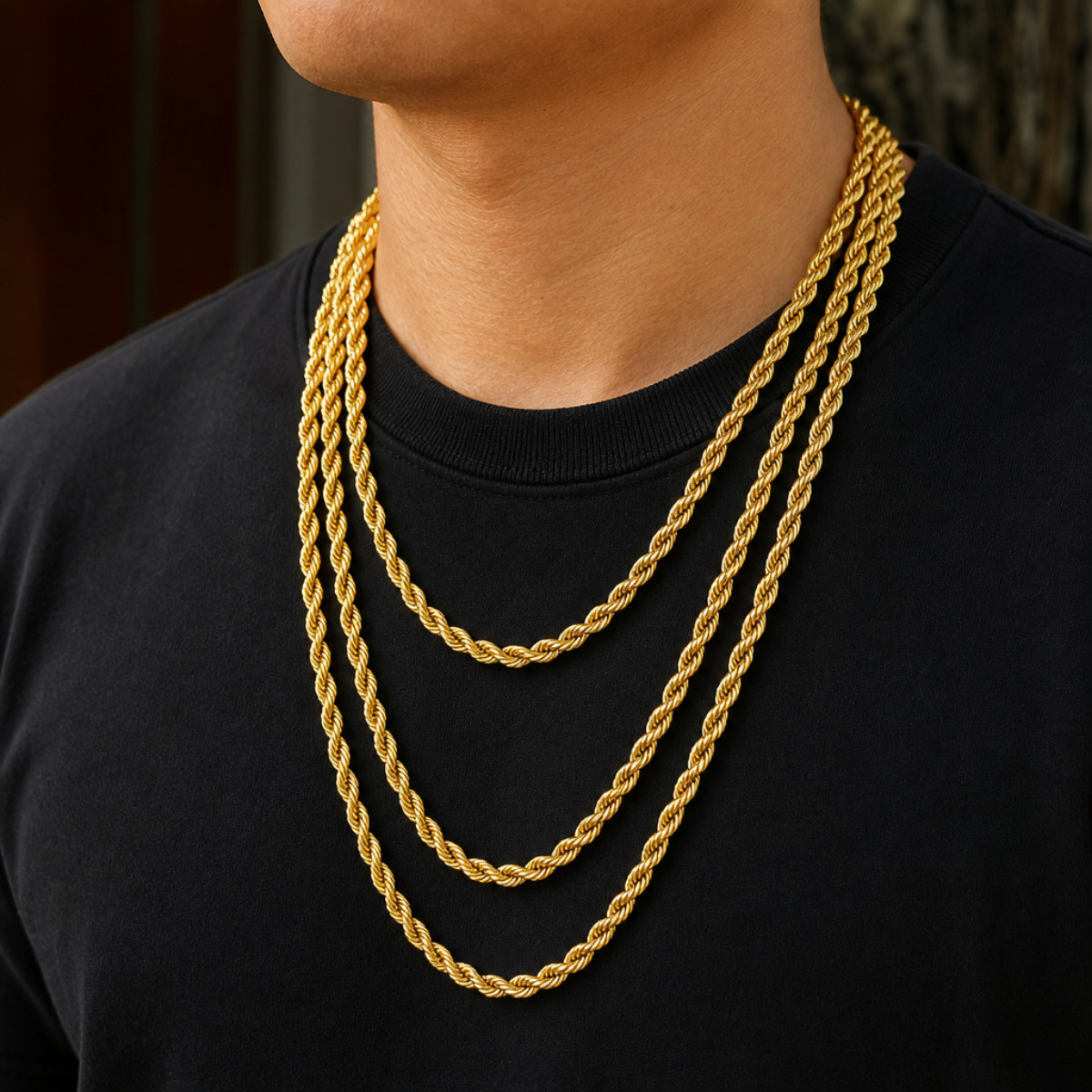 Gold Rope Chain Necklace 22″ 4mm Stainless Steel Mens Women Unisex Twisted Link