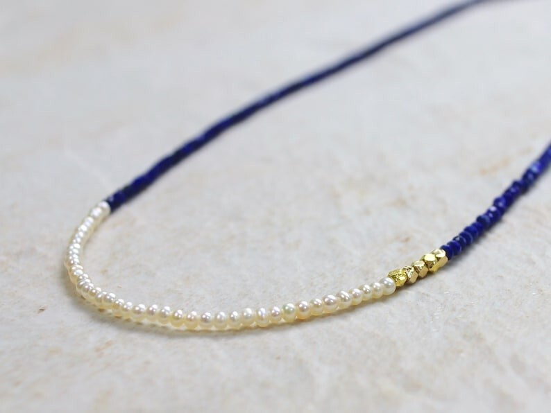 Beautiful Lapis Lazuli & Pearl Faceted Round Gemstone Beads Necklaces 24” Women