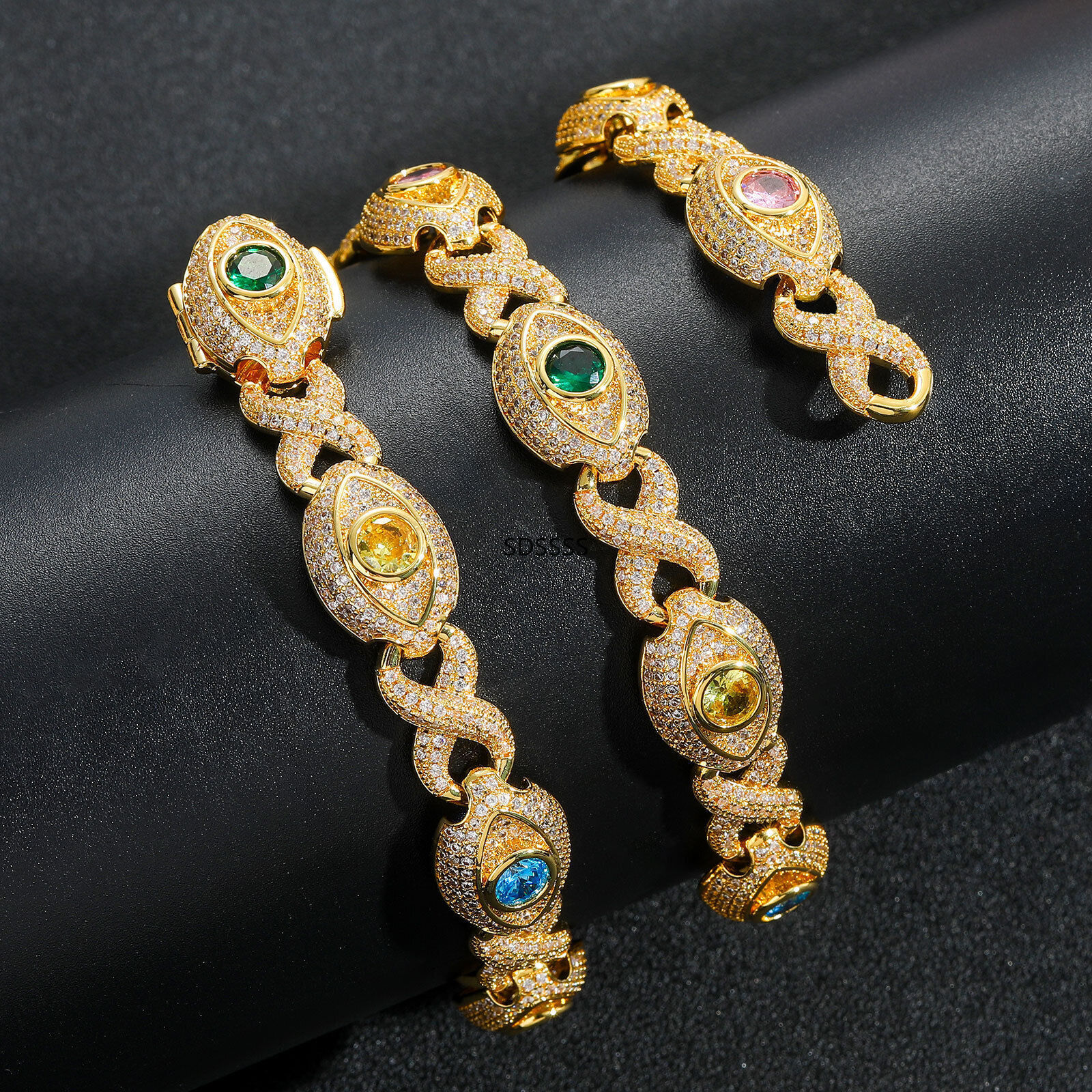 Cuban Chain Necklace Bracelets Zircon Mens Jewelry Hip Hop Colorful Eye