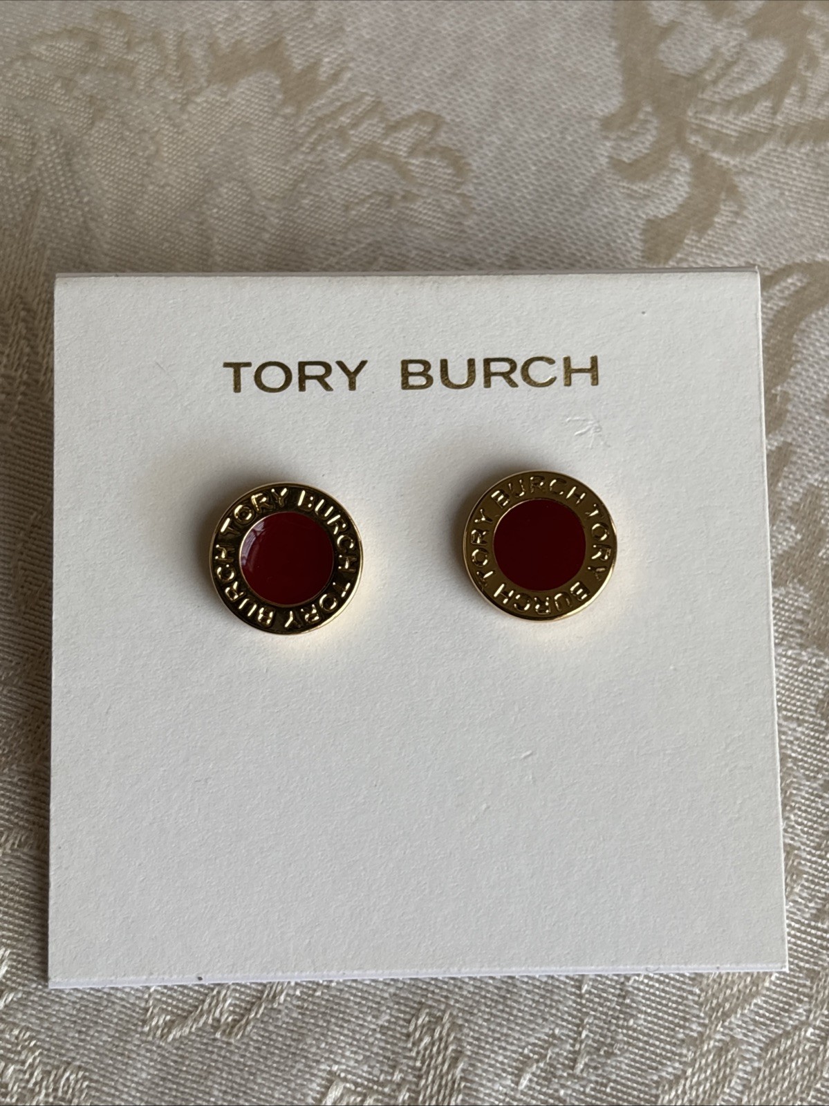 Tory Burch Gold Tone Button Stud Earrings Red Enamel Center See Pics Rare Find