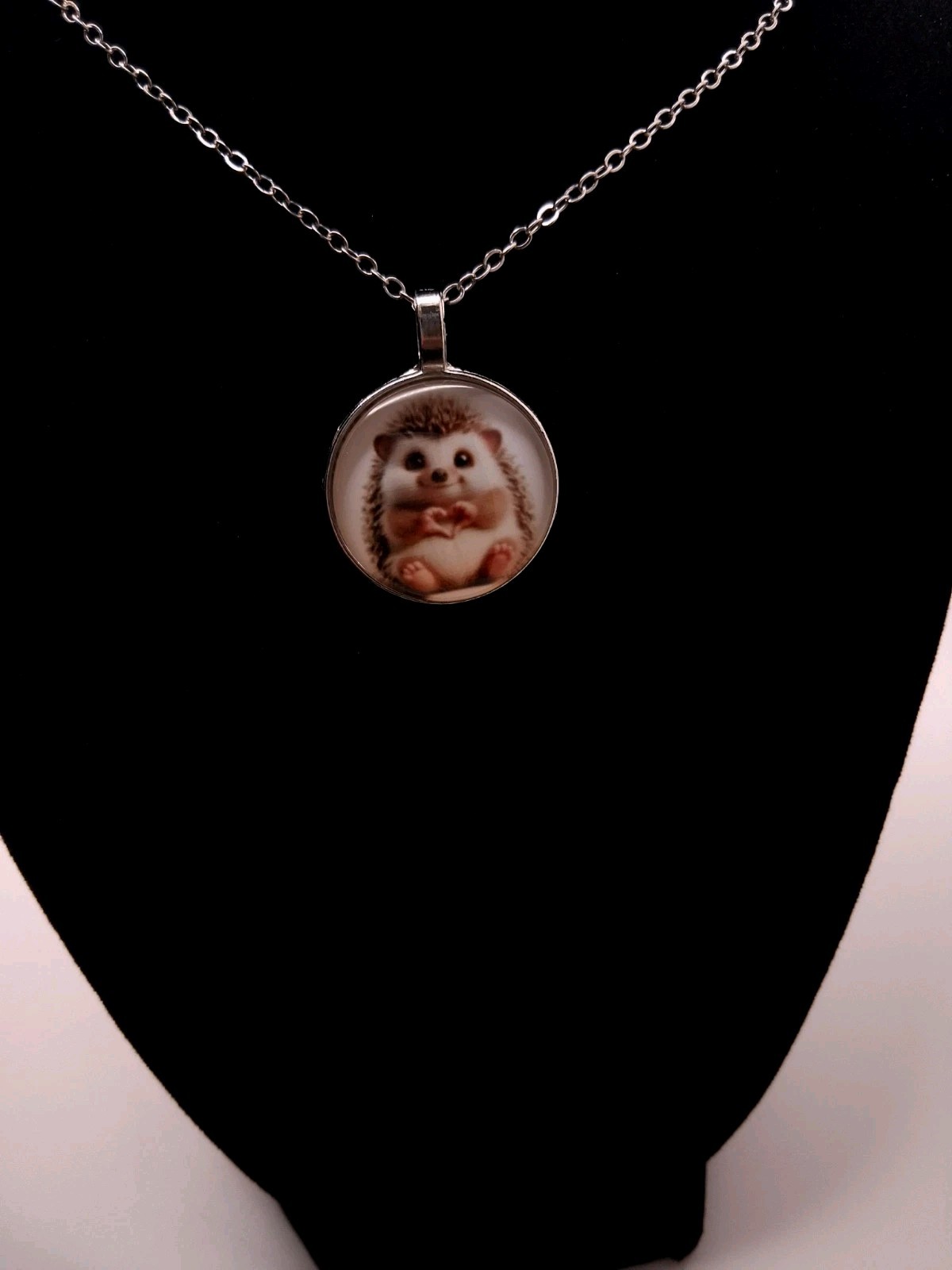Hedgehog Heart Love Cabochon Pendant Necklace Wildlife Nature Gift Silver Toned