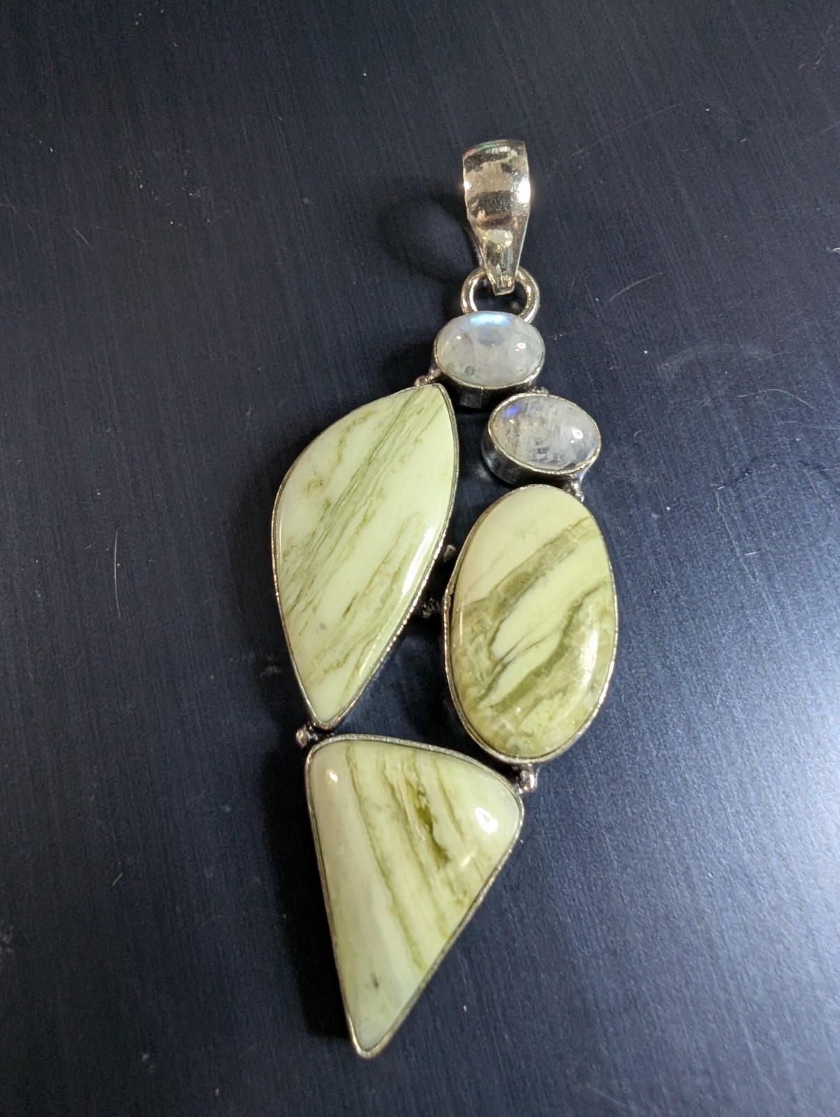 Larsonite Jasper Moonstone silver plated pendant 2.62″ long DAD1072